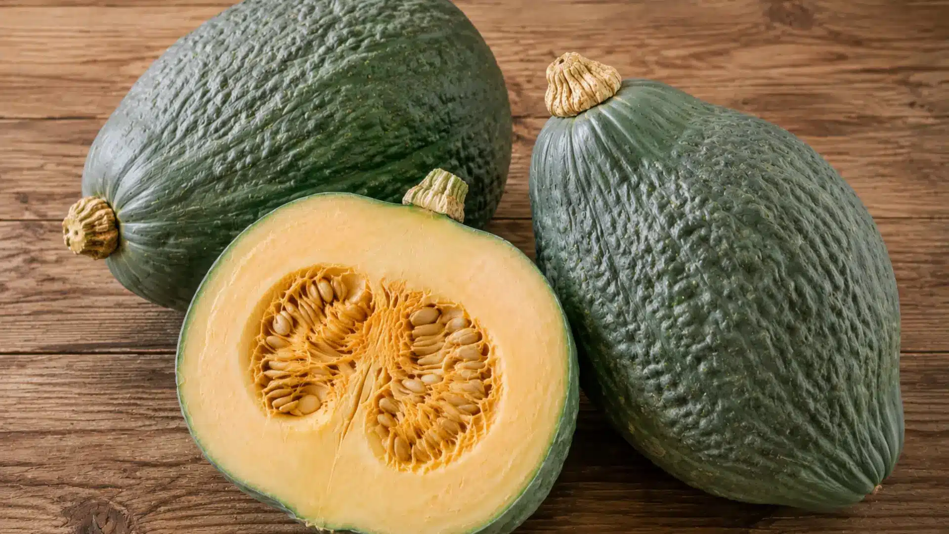 green hubbard squash halved and whole on a wooden table