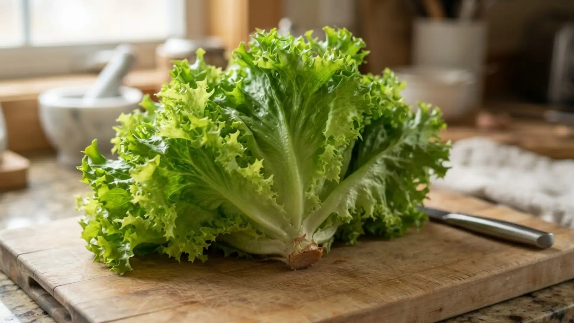 green leaf lettuce with bright ruffled leaves resting on a wooden cutting board in a sunlit kitchen
