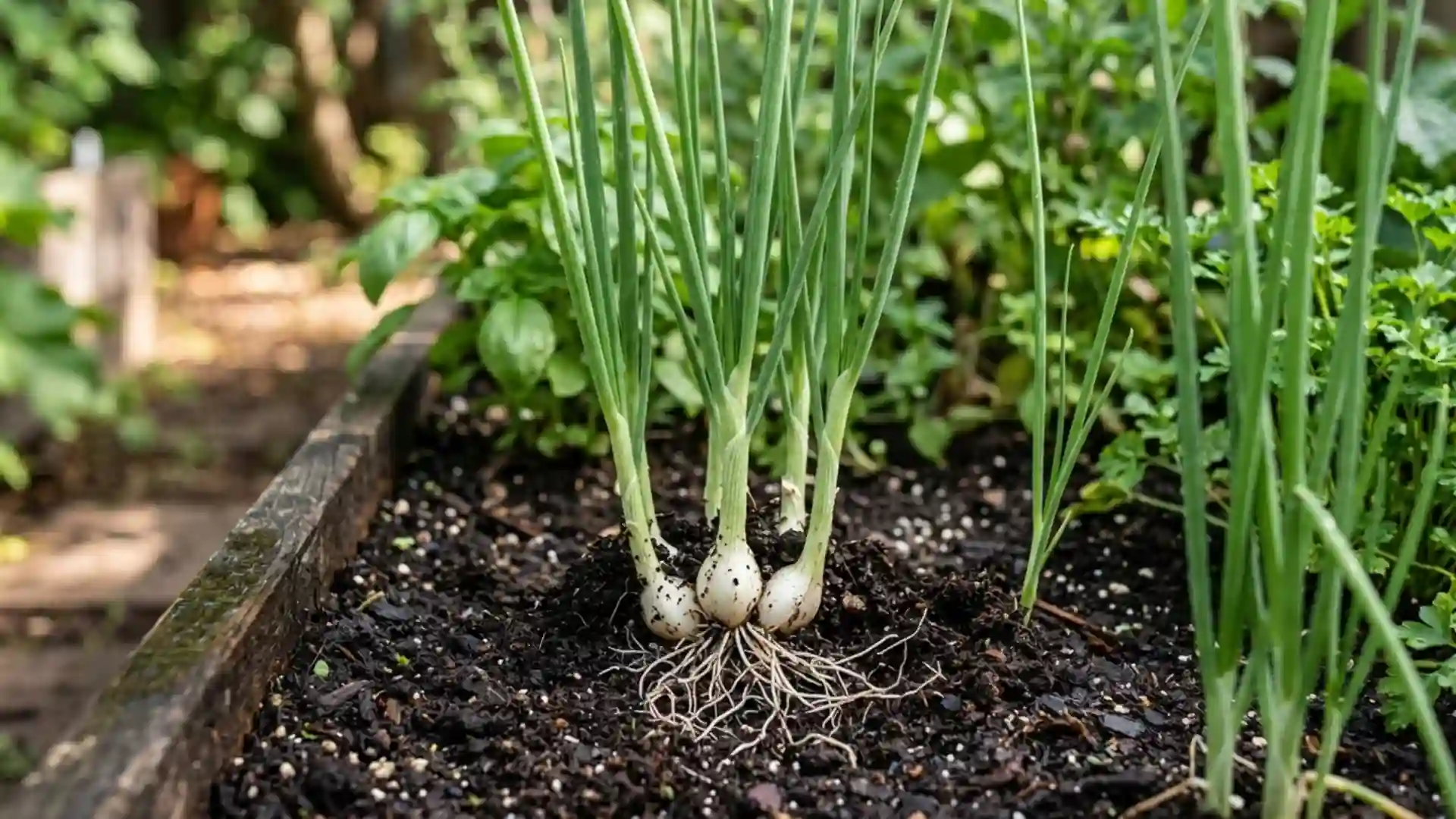 fresh green scallion stalks growing in a home garden bed, photographed in natural daylight