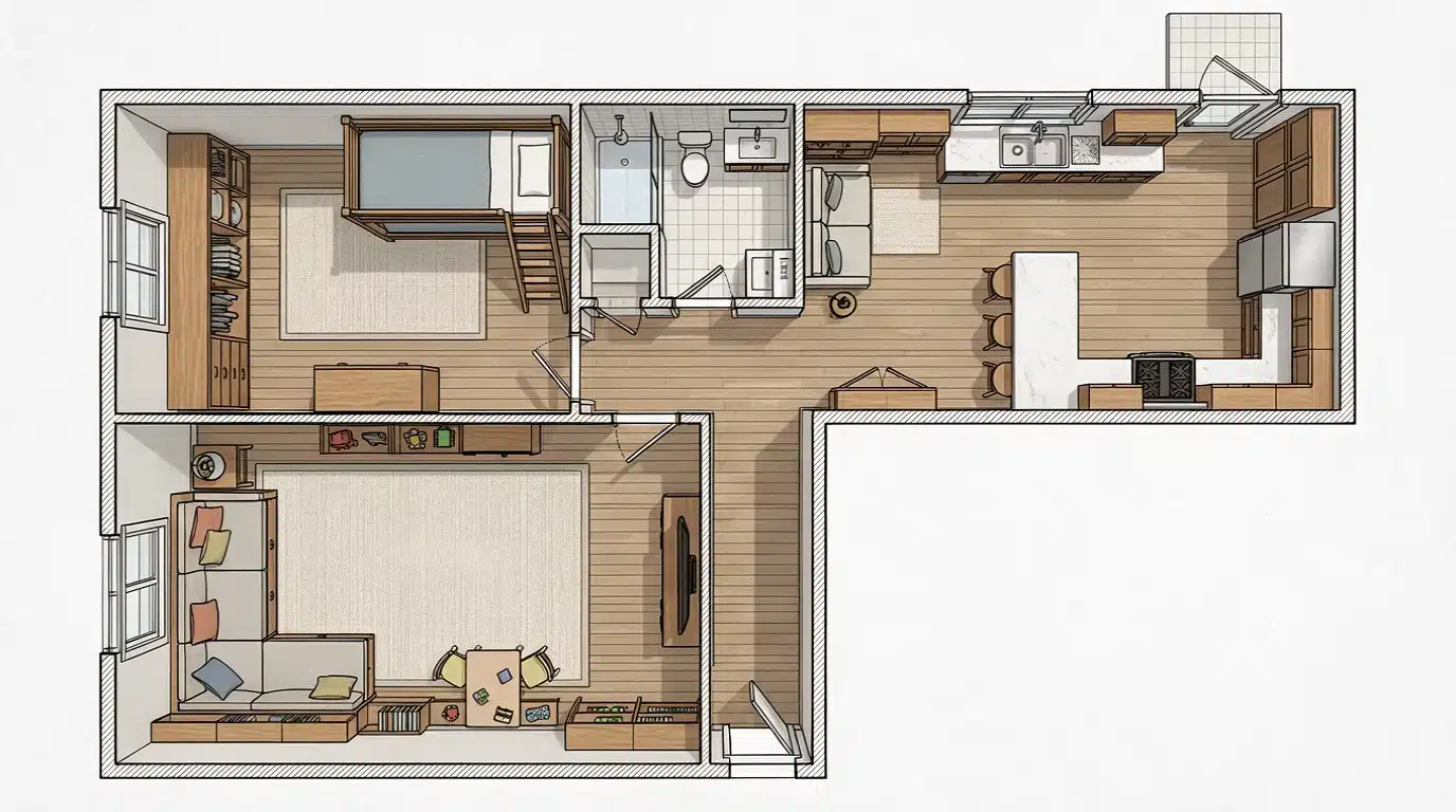 floor plan of a small apartment featuring a kitchen and living room layout with designated areas for furniture