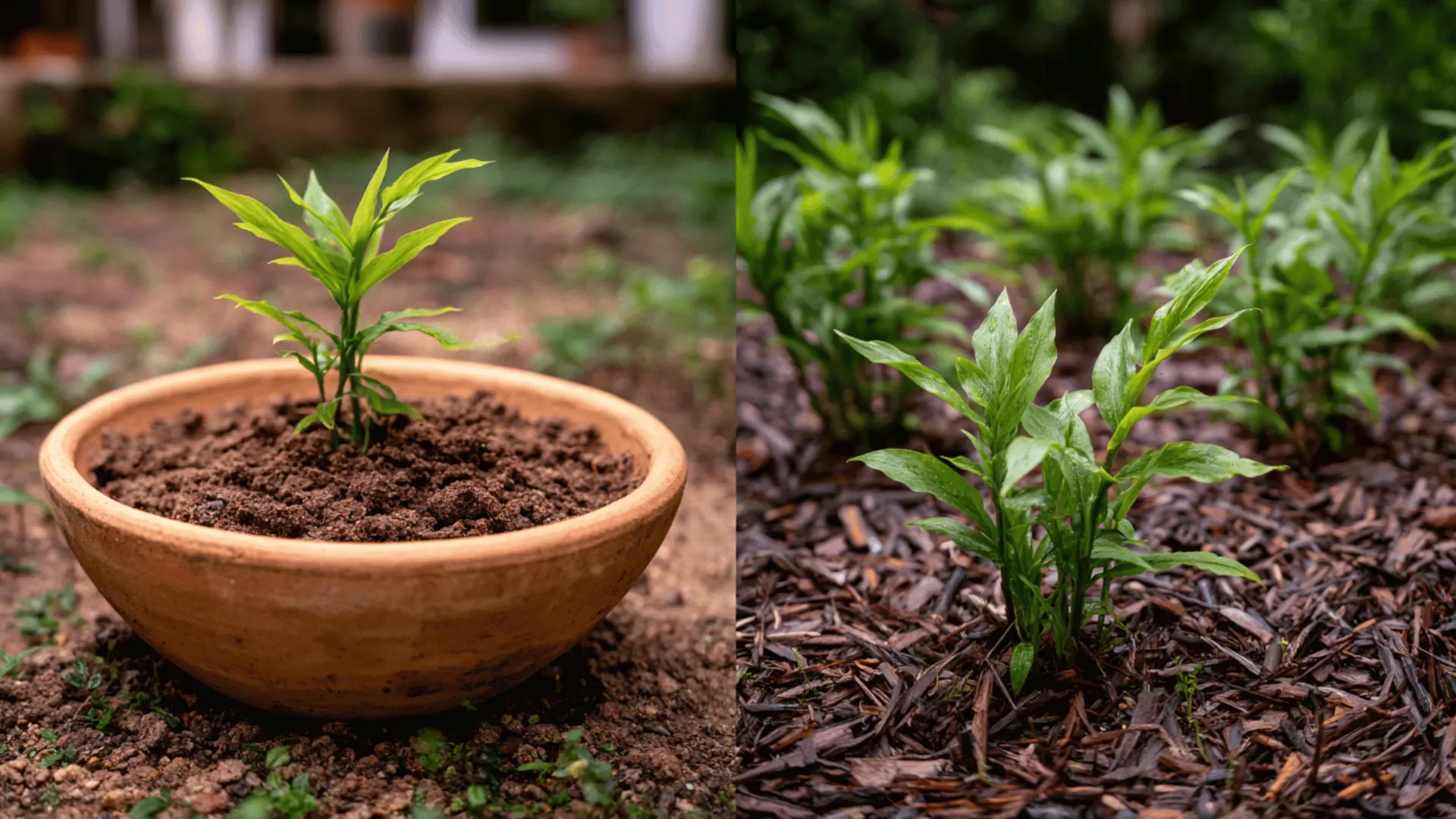split image comparing ginger grown in a terracotta pot versus a mulched garden bed
