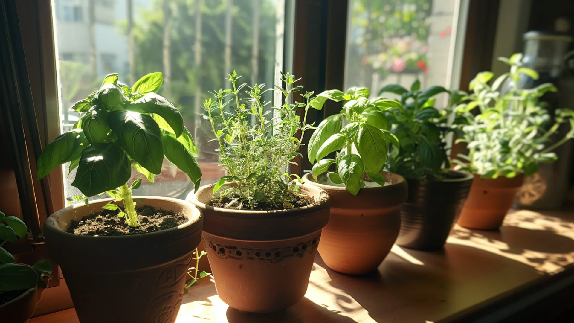 multiple herb pots on sunny windowsill for growing herbs together indoors