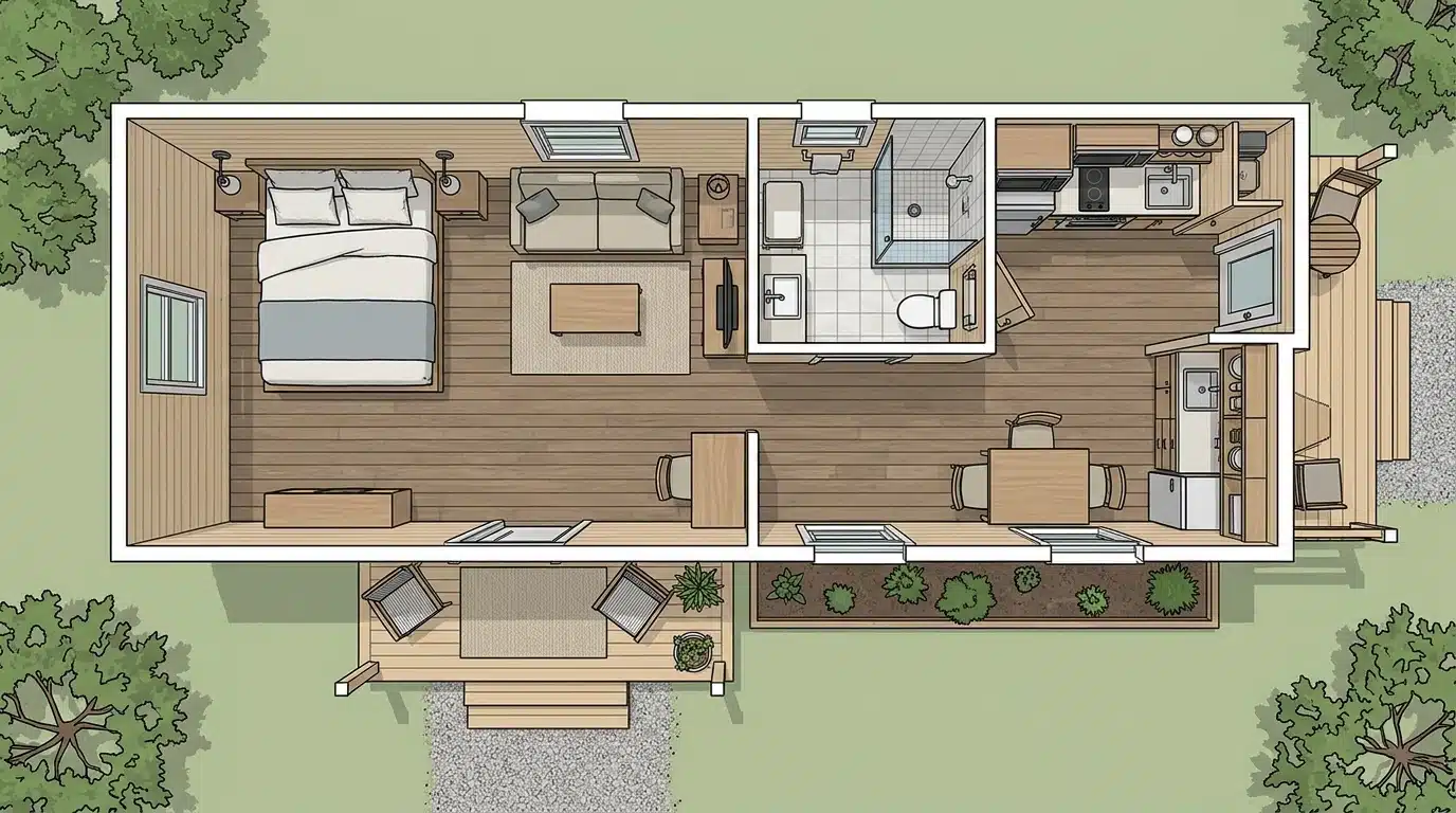 floor plan of a small house showcasing a bedroom, living room, and kitchen arrangement