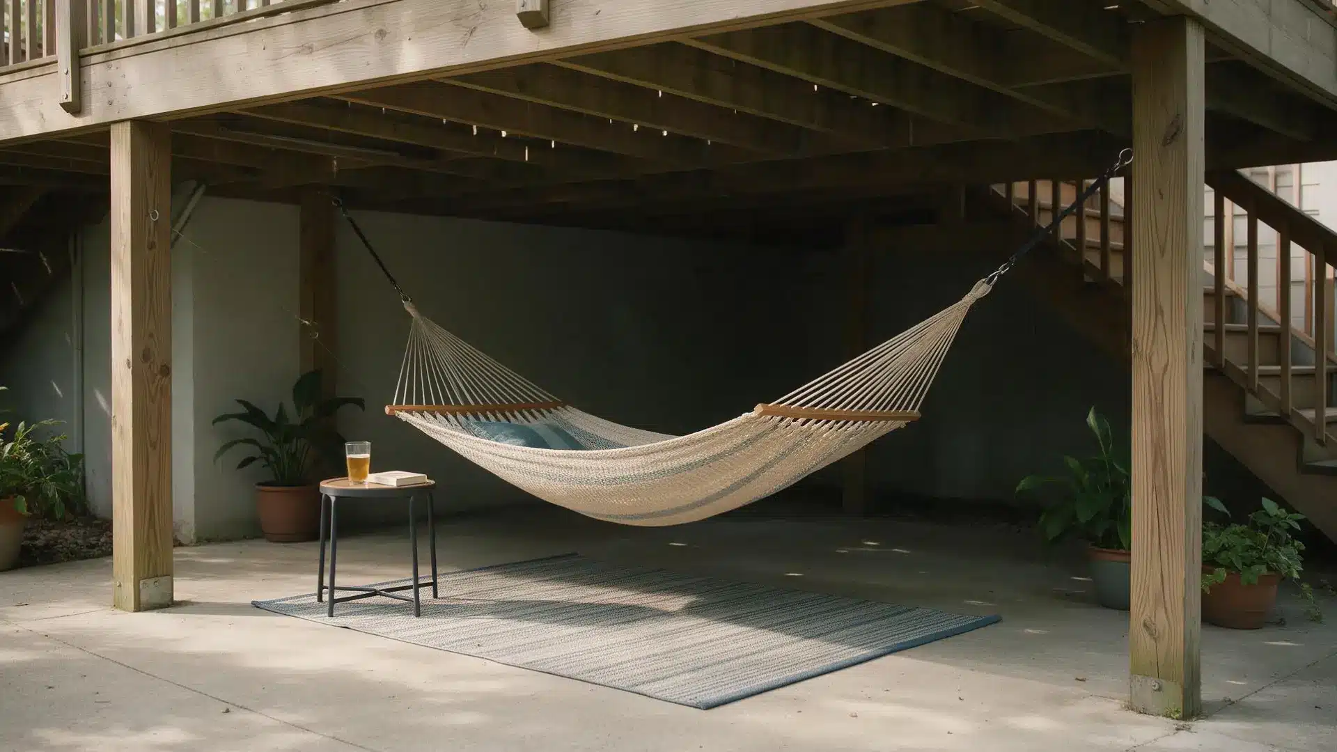 woven hammock with a small side table, outdoor rug, and potted plants beneath a raised deck