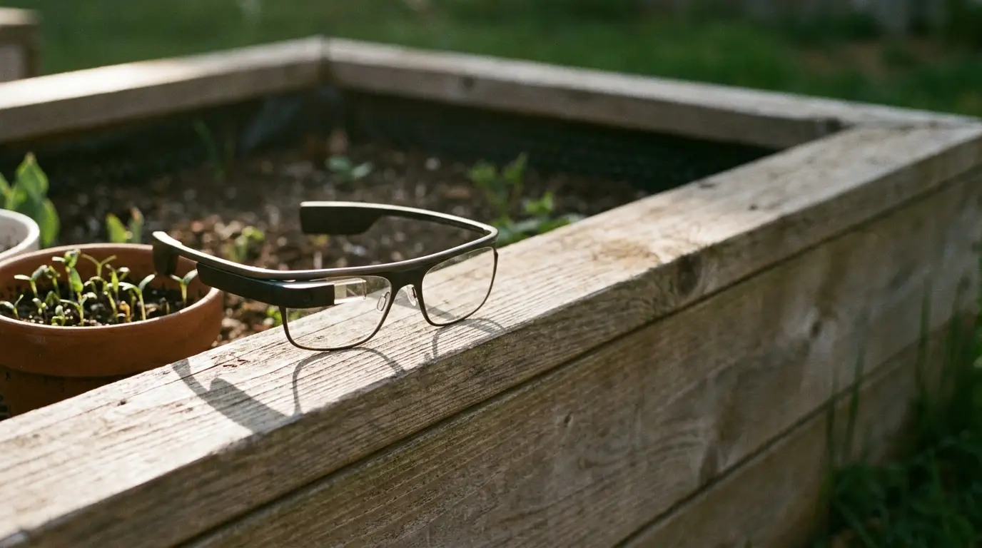 Smart glasses resting on wooden garden planter with small potted plants nearby