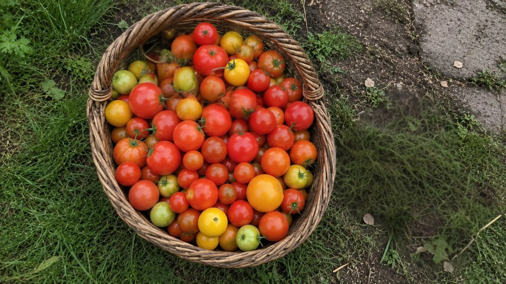 overhead view of a woven basket filled with freshly harvested red yellow and green tomatoes