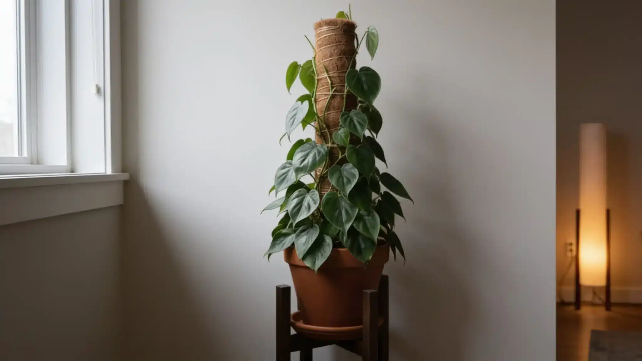 heartleaf philodendron climbing a coir totem in a terracotta pot beside a softly lit window