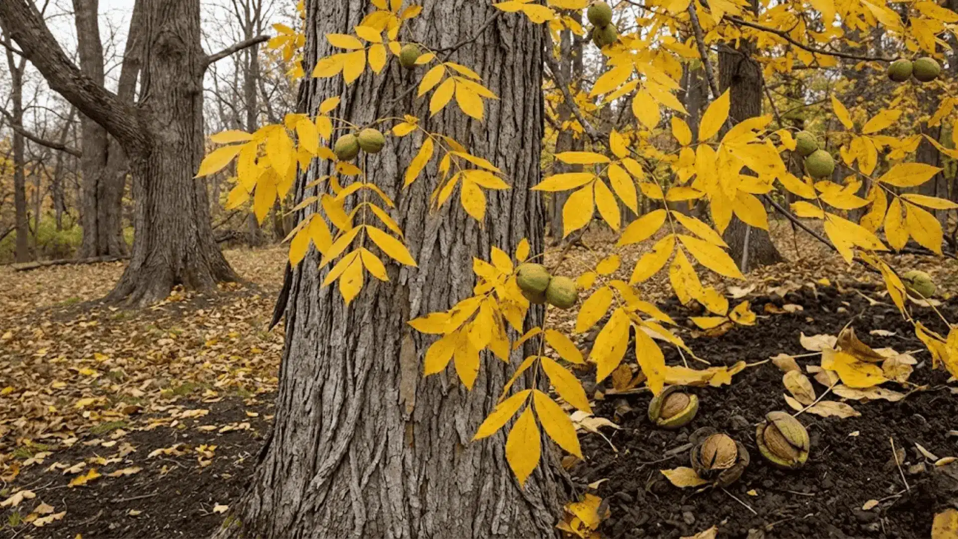 hickory tree with yellow compound leaves and green nuts on the forest floor