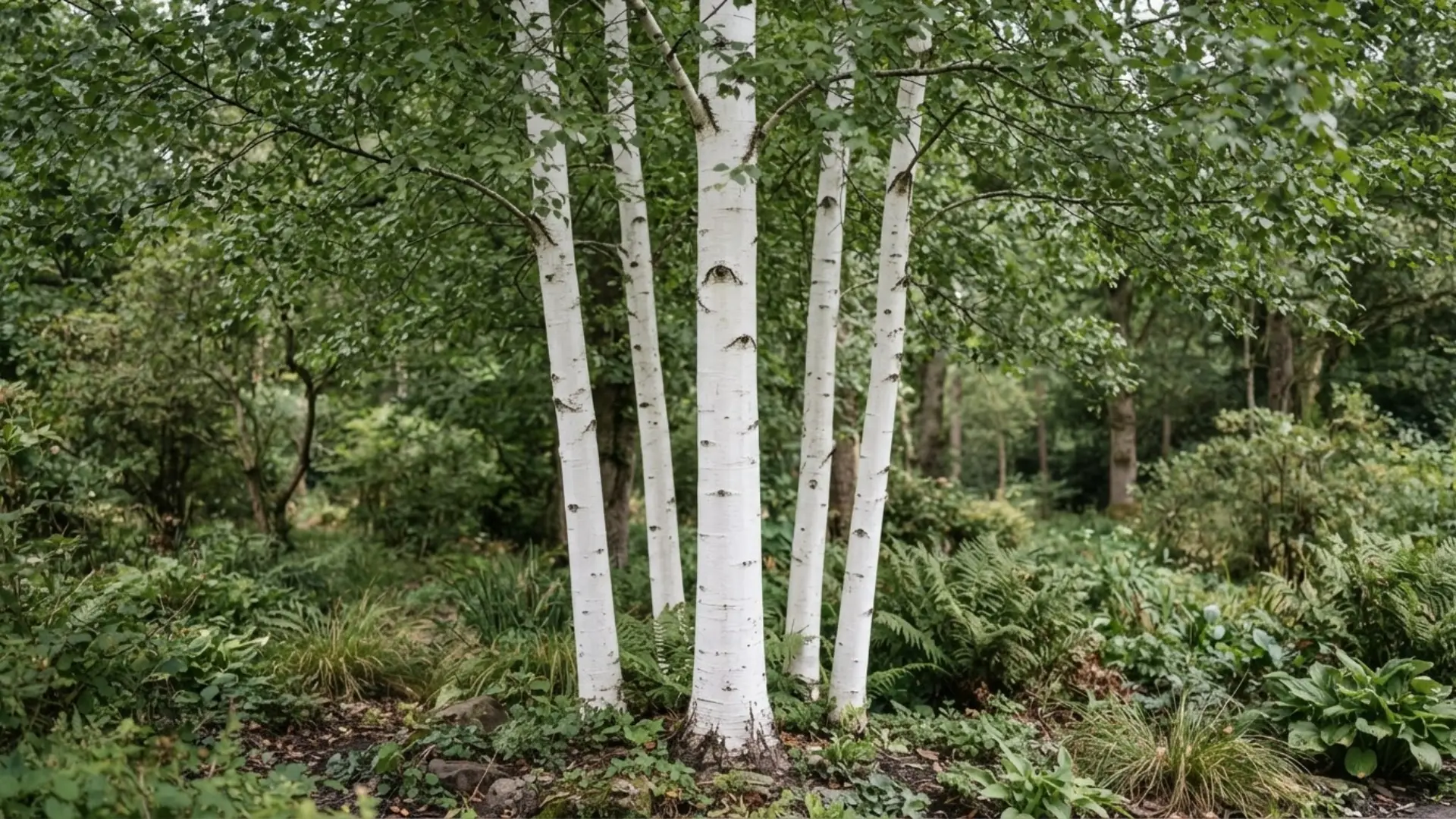 cluster of tall himalyan birch trees with peeling papery bark and several slender trunks standing close together