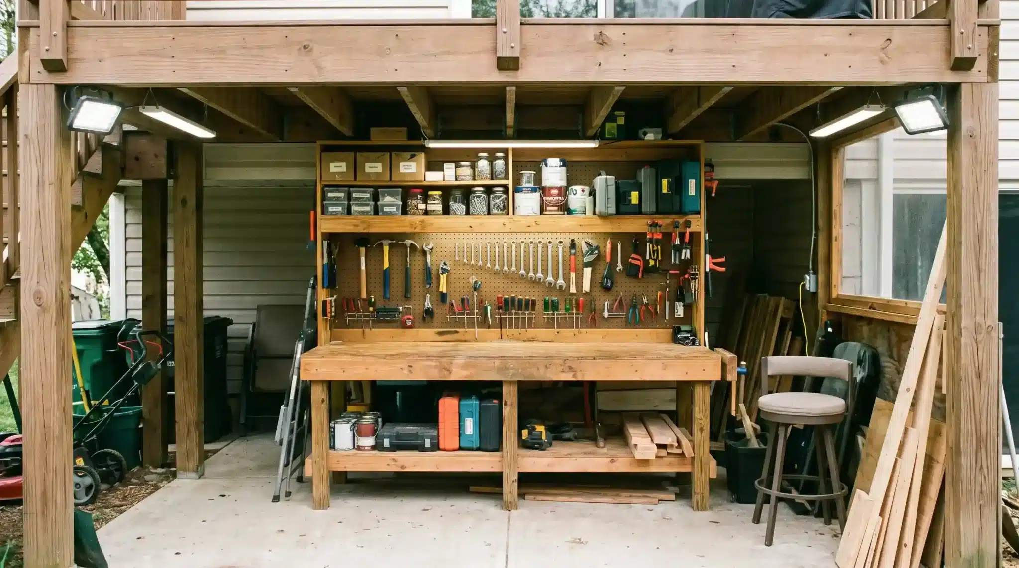 hobby workshop nook with a wooden workbench, organized tools, storage shelves, and lights beneath a raised deck