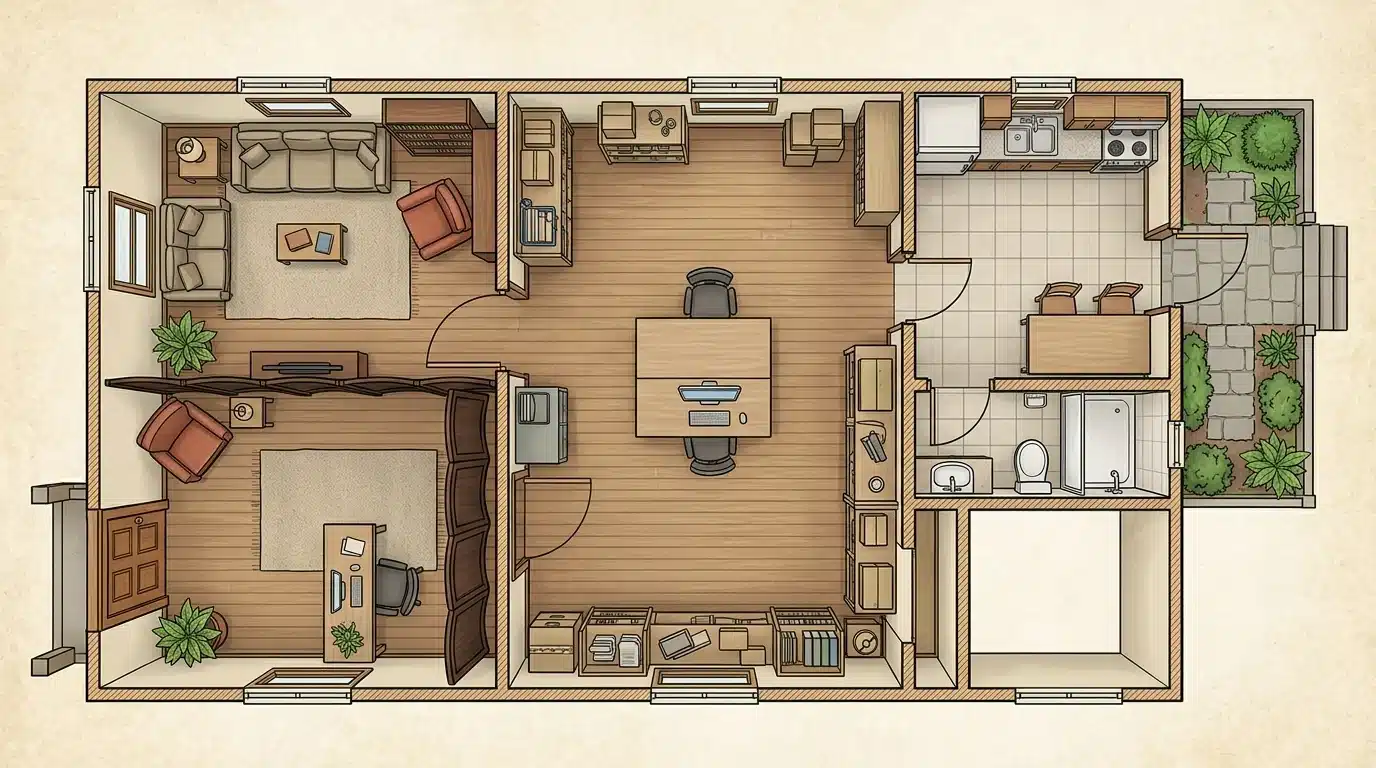 a drawing of a small apartment featuring a combined kitchen and living room layout