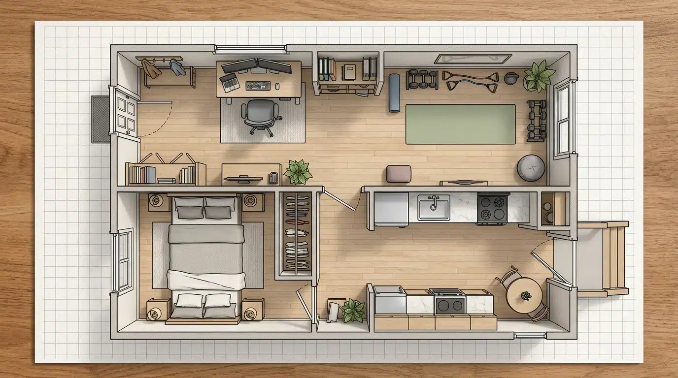 model of a small apartment, featuring an open living area, kitchen, and bedroom in a modern style