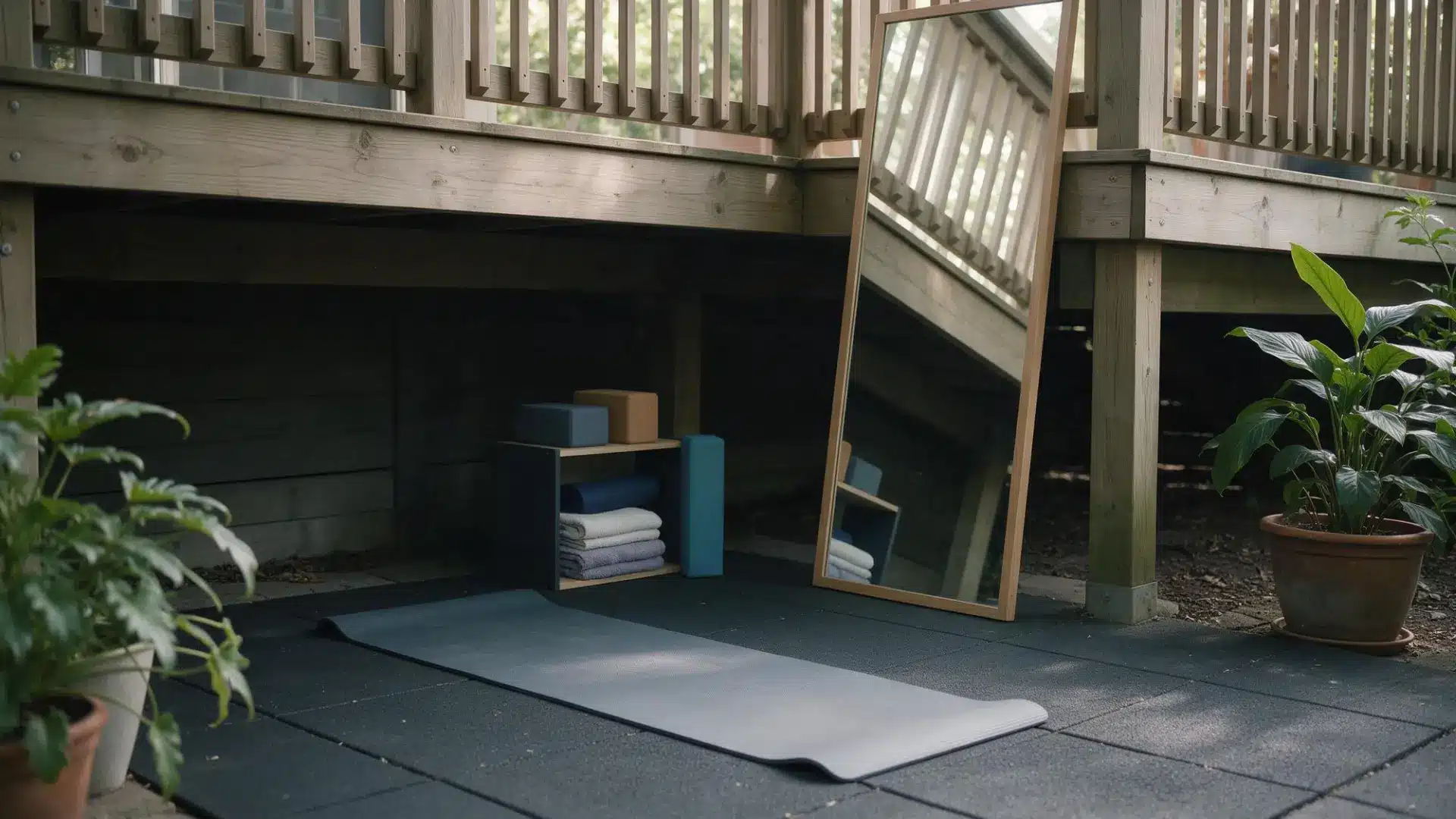 yoga mat mirror blocks and towels set up beneath a raised deck with potted plants nearby