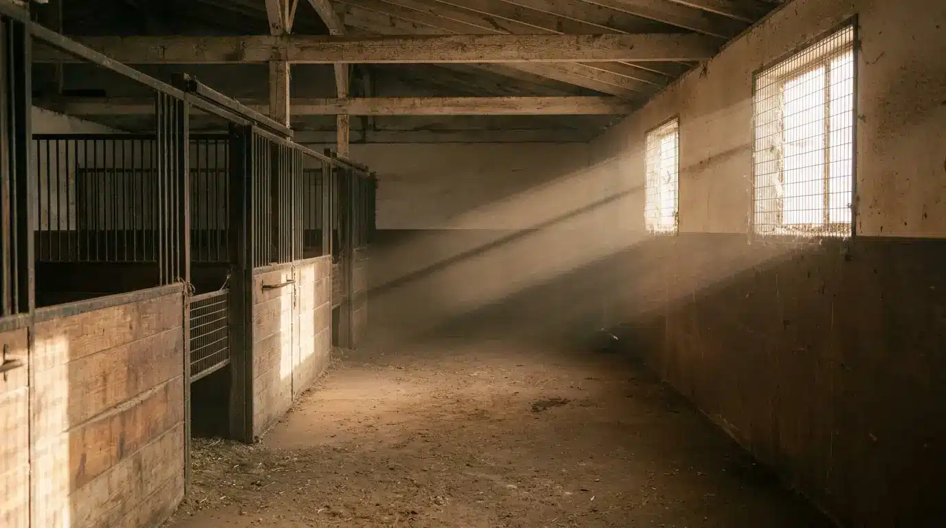Sunlight streaming through windows into empty horse stable with wooden beams and dusty floor