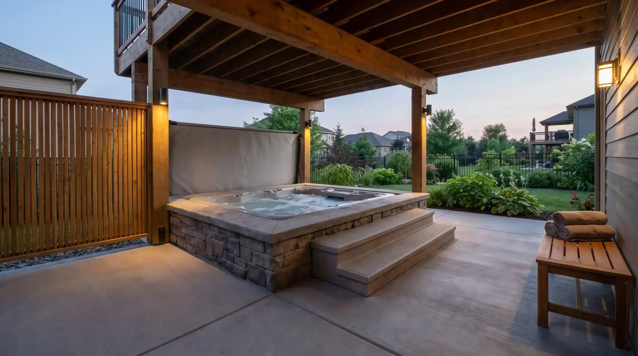 hot tub beneath a raised wooden deck with privacy screens, wide steps, and a nearby towel bench