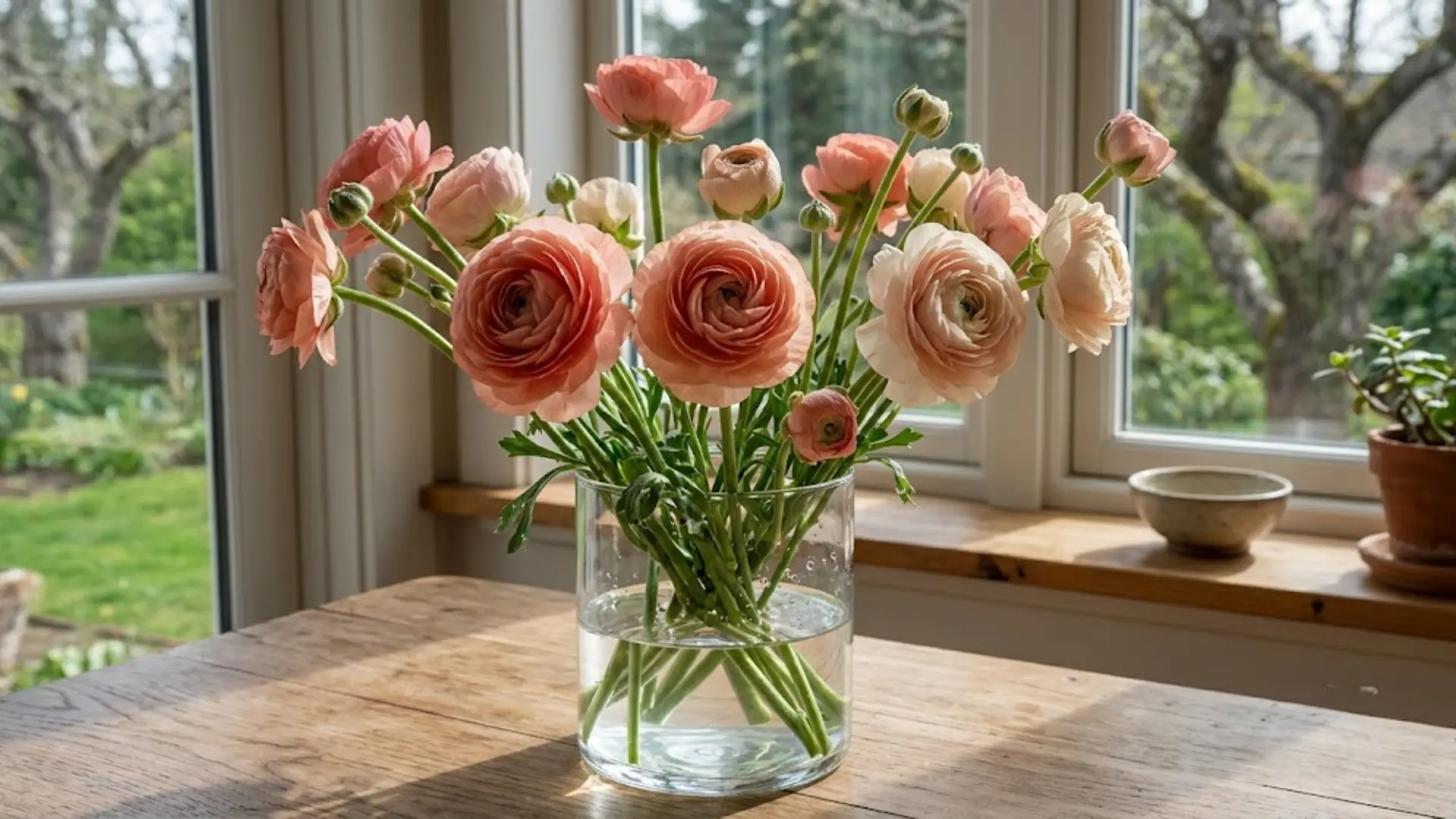cut ranunculus stems arranged in a glass vase near natural window light indoors