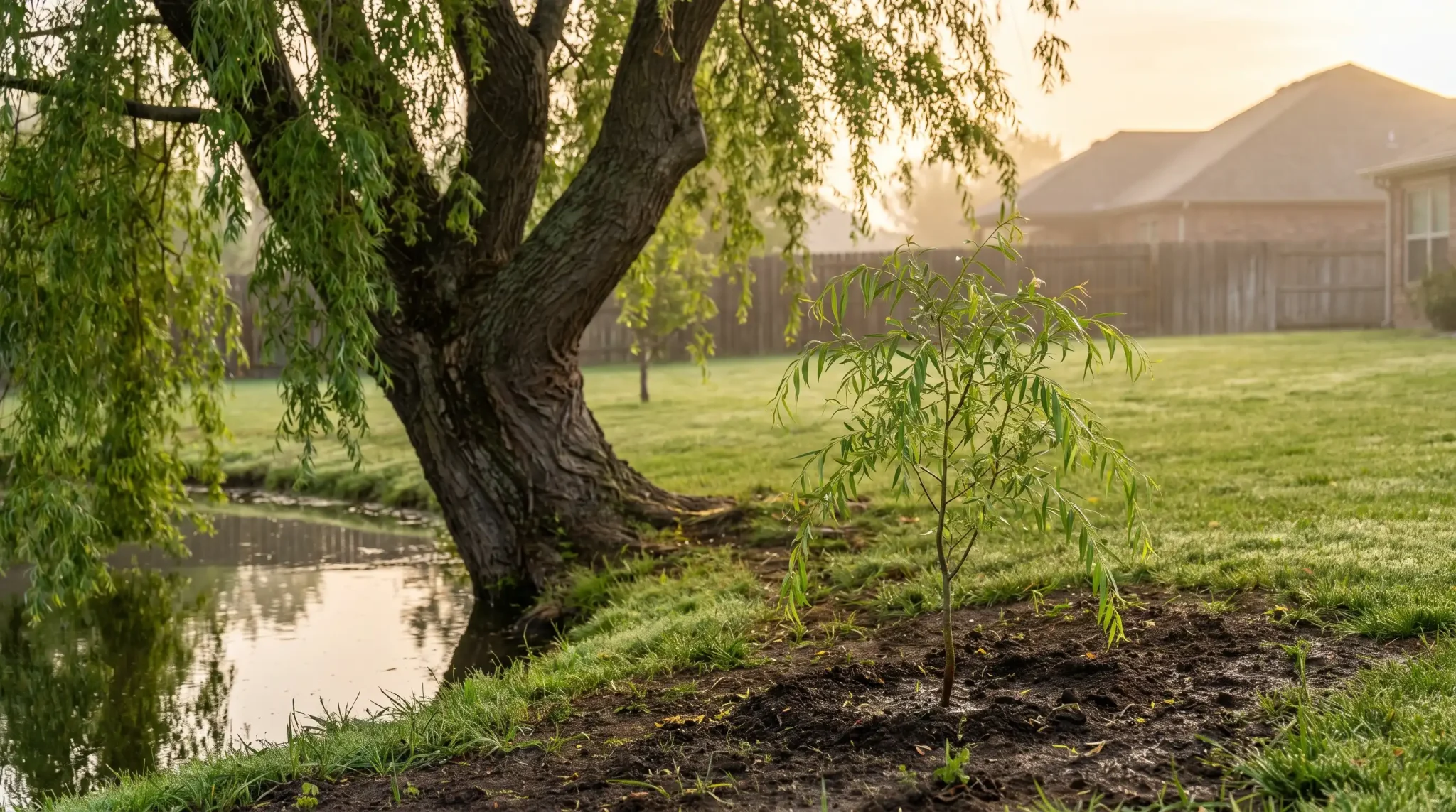 young and mature willow trees showing how quickly a willow grows from a sapling to full size.