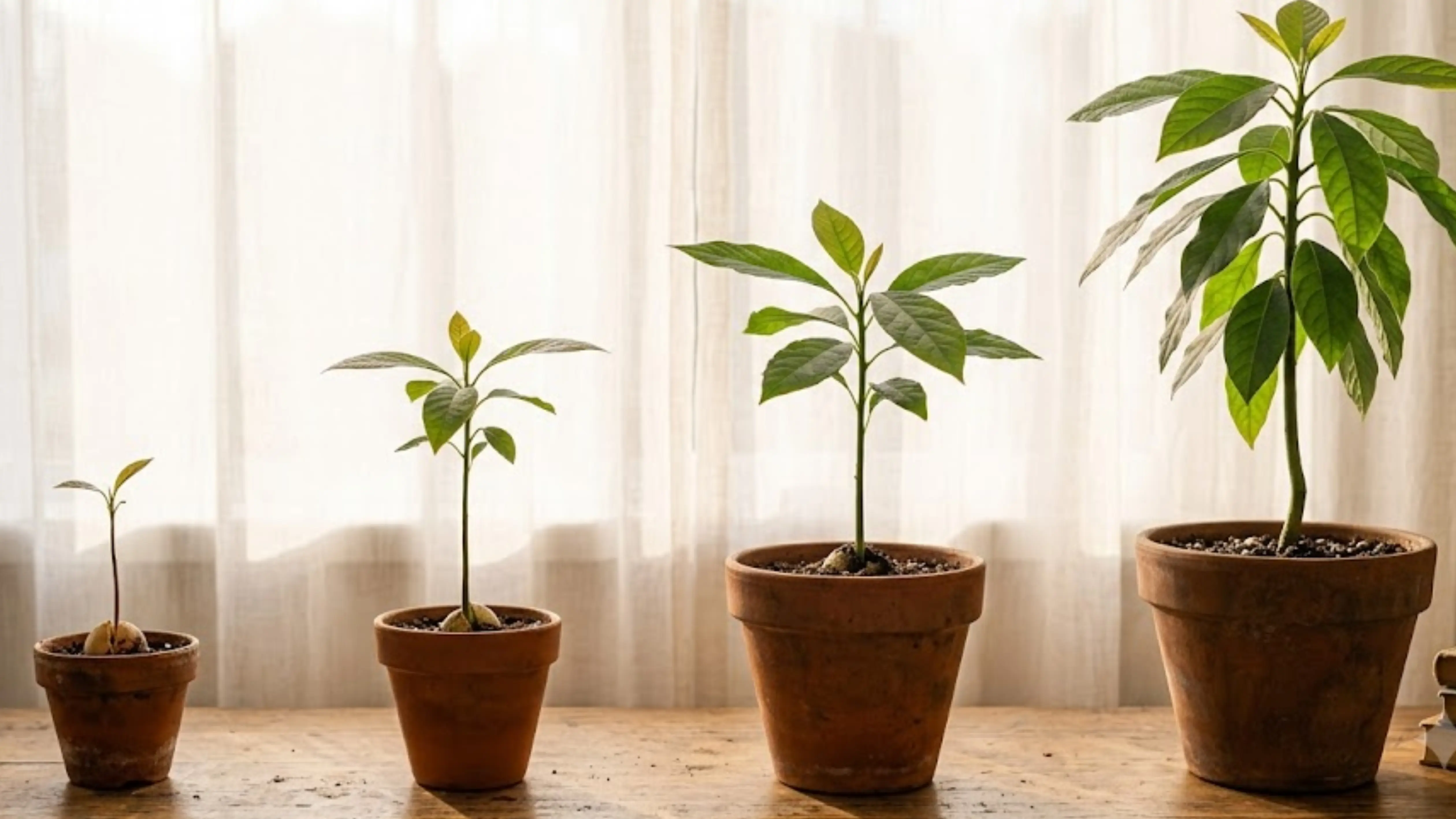 Avocado plant growth progression from small seedling to fuller young potted tree