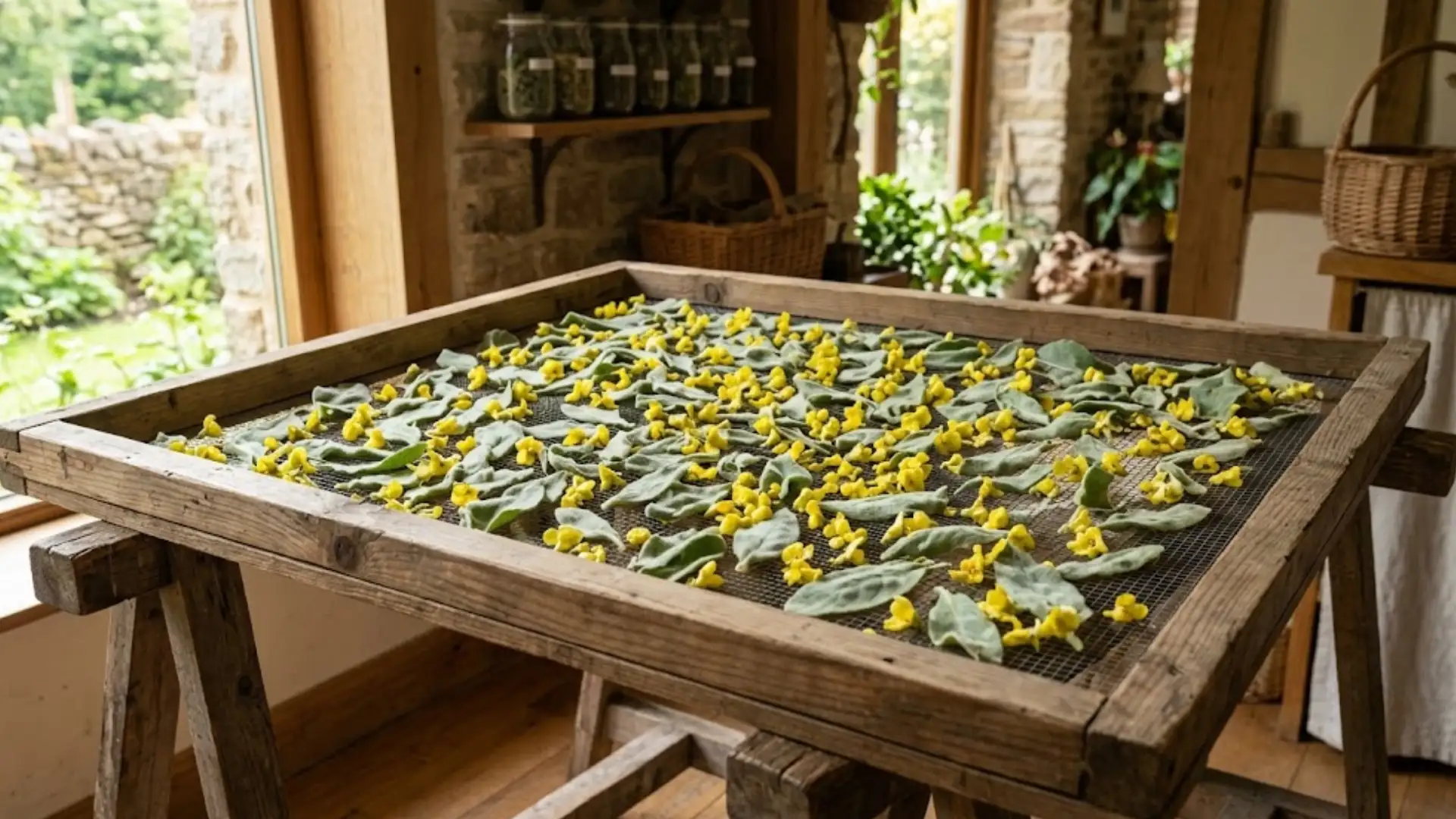 harvested mullein leaves and yellow flowers spread across a wooden mesh rack for indoor drying