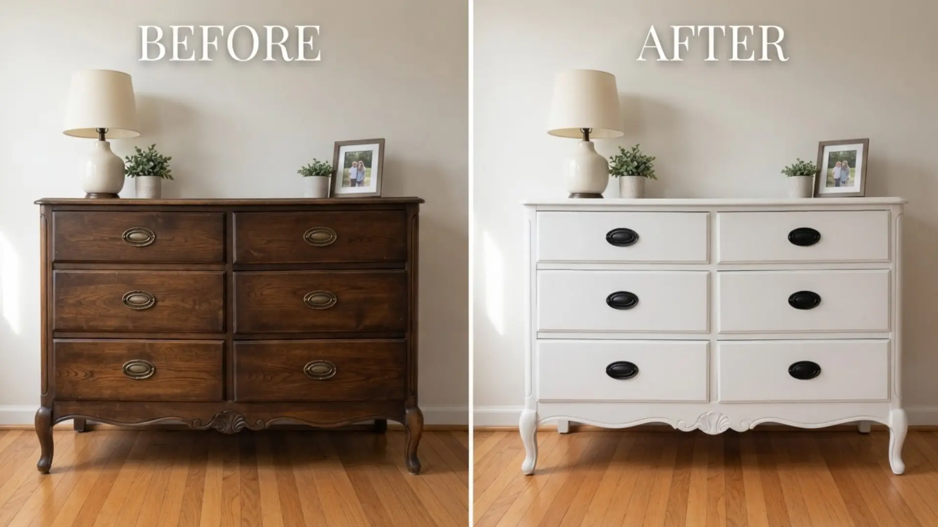before and after transformation of a stained wood dresser painted with a fresh white finish