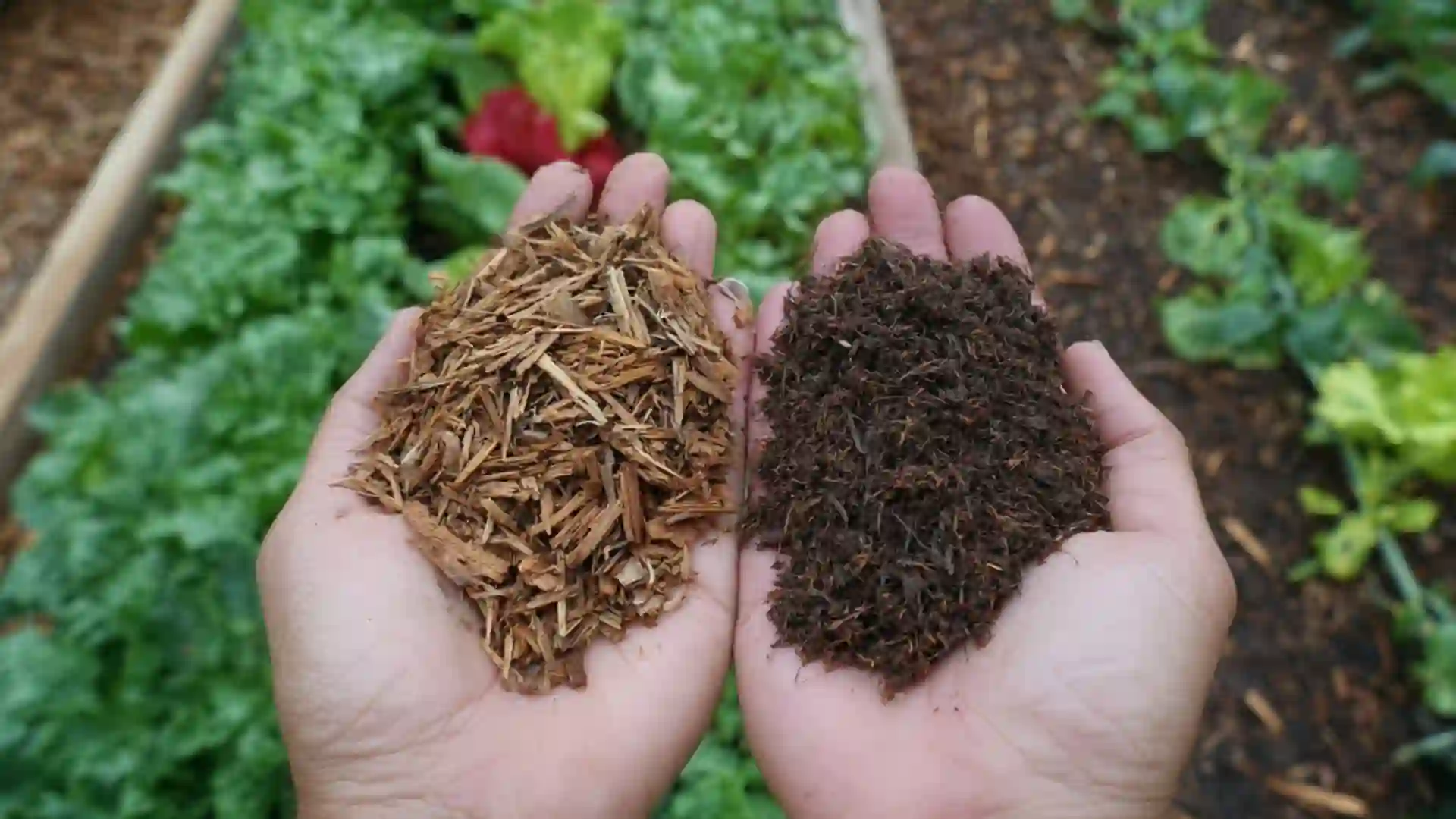 two hands holding wood chip mulch and dark compost mulch side by side in a garden