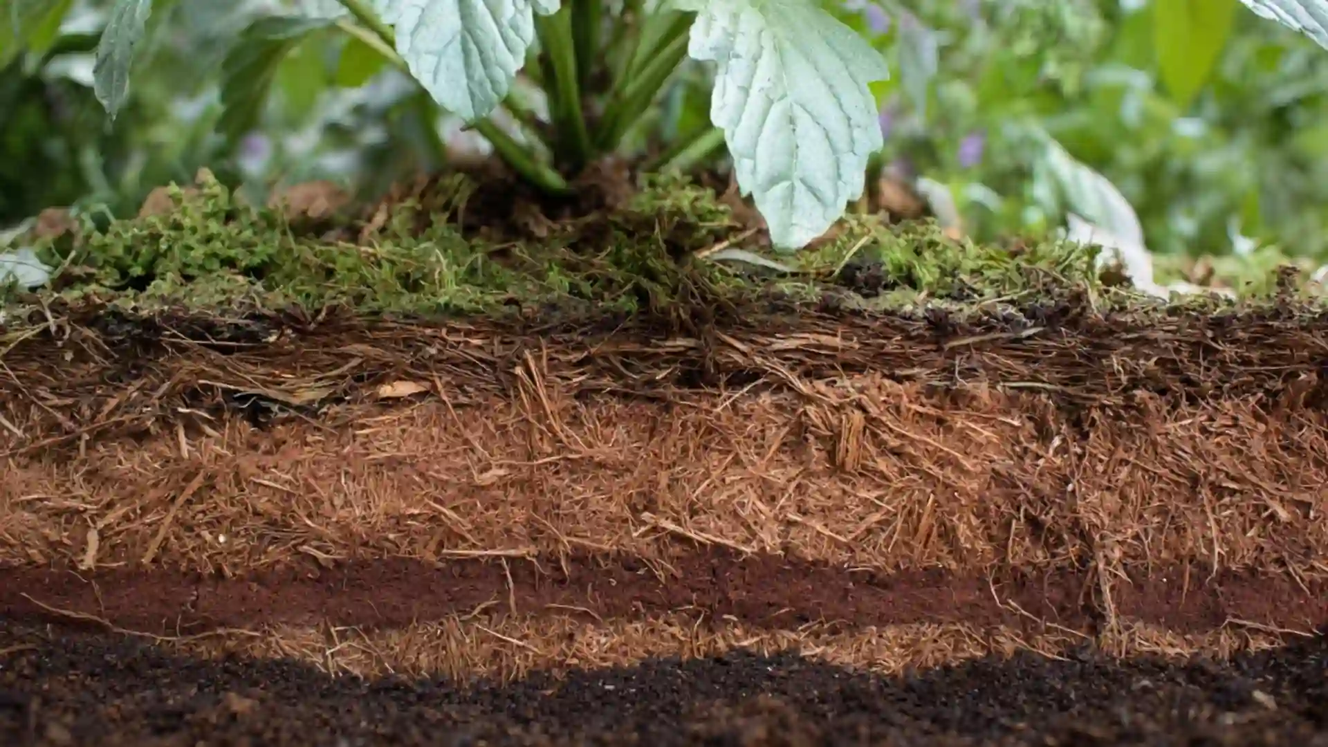 cross-section of mulch layers over soil, showing plant roots and layered organic material