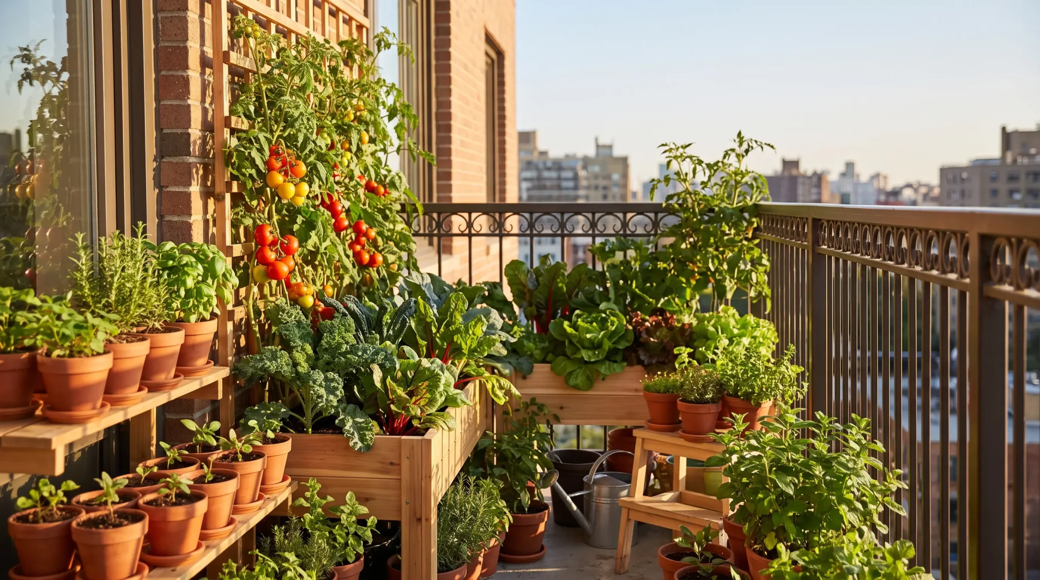Vegetable and herb garden on sunny urban balcony with terracotta pots and wooden planters