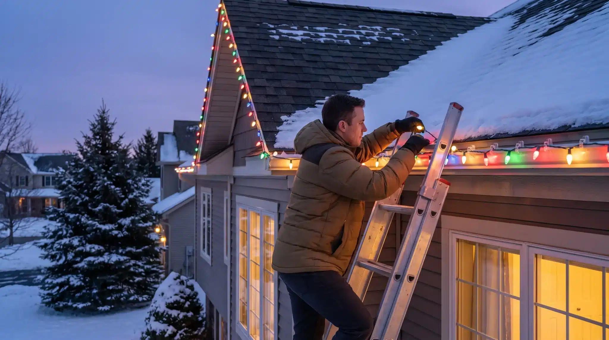 Man climbing ladder to hang colorful holiday lights on snowy roof at dusk