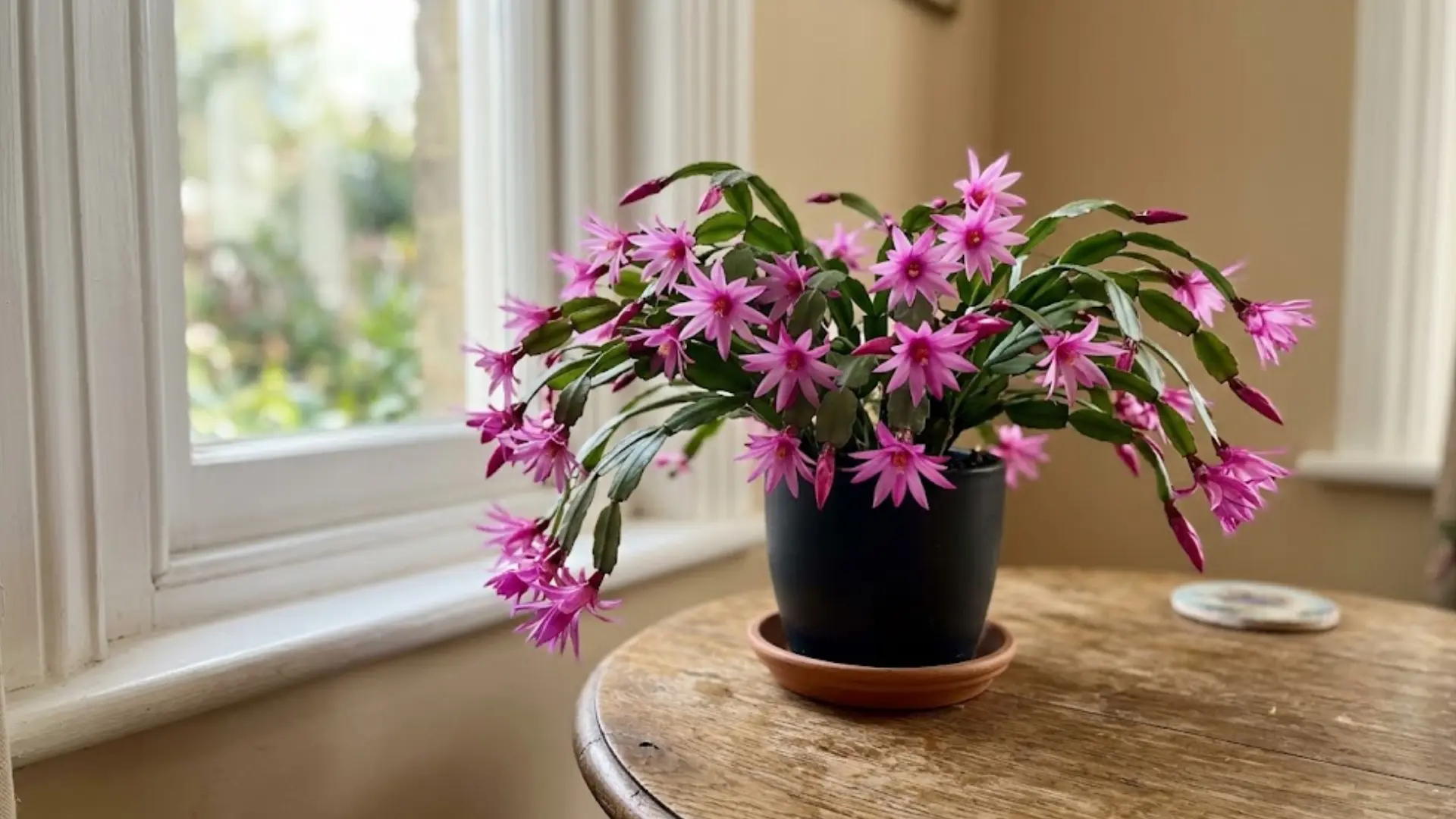blooming easter cactus with magenta flowers in black pot on wooden table near bright window