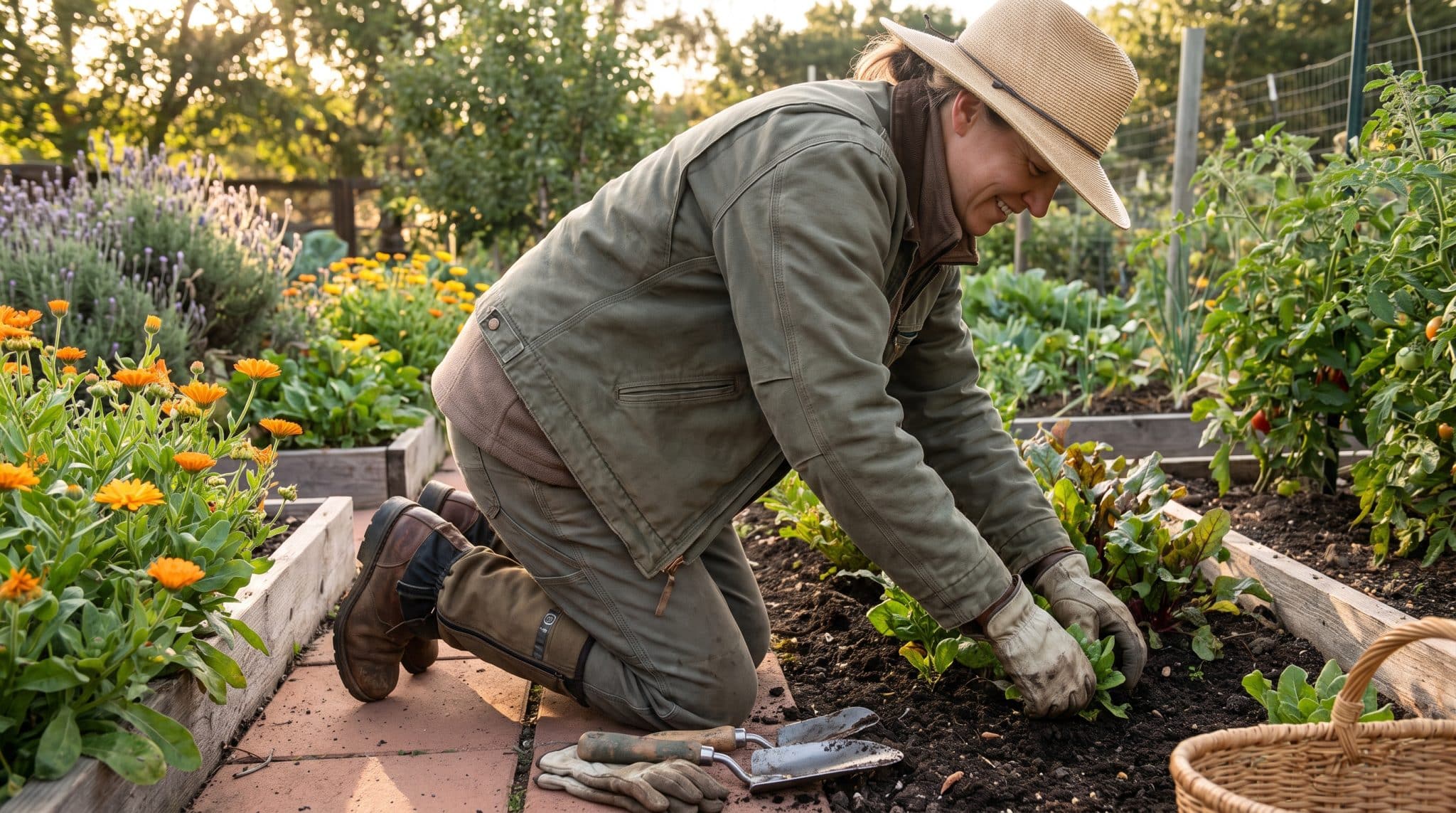 Gardener wearing a straw hat tending plants in a raised bed vegetable garden