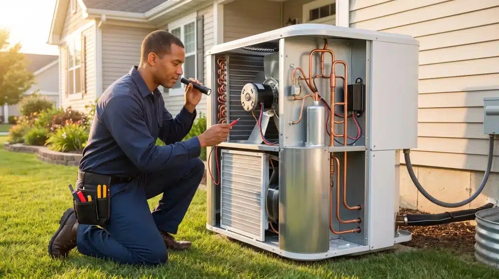Technician inspecting outdoor HVAC unit with tools in residential backyard setting