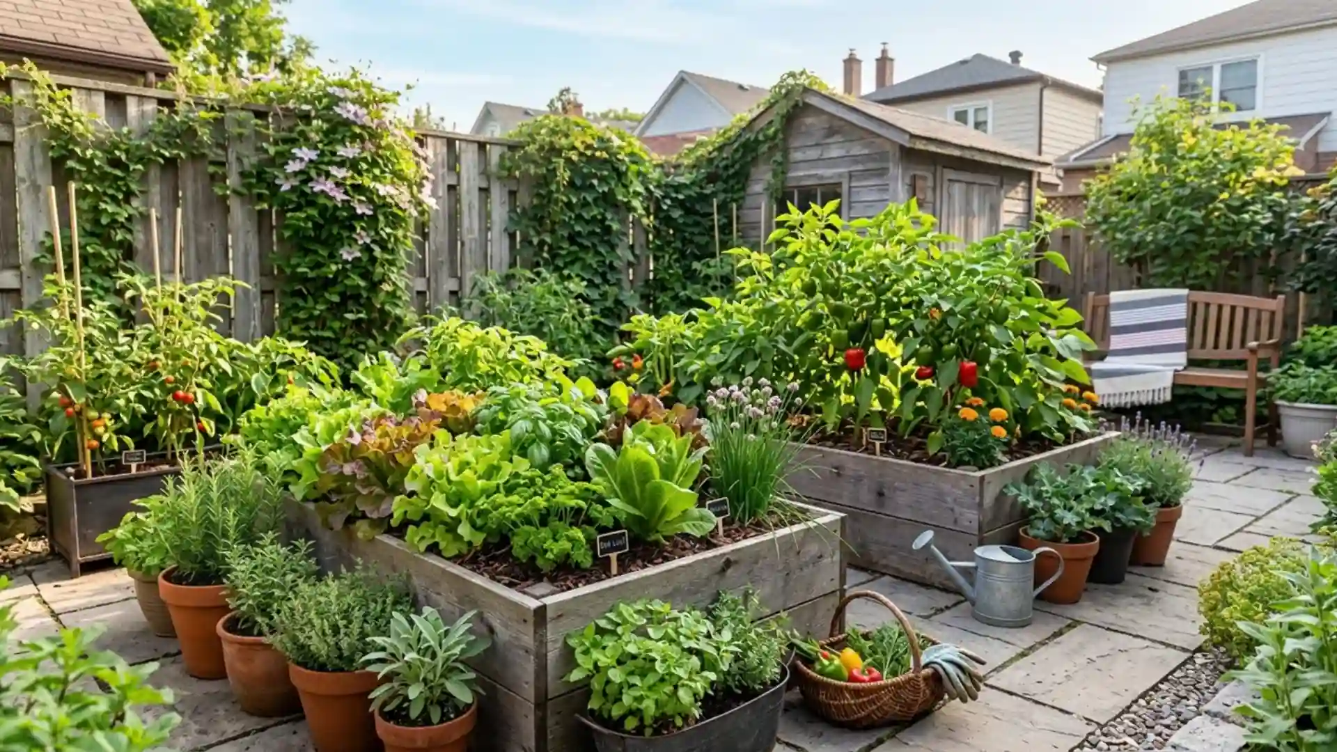 raised garden bed and containers with lettuce and peppers suited to sun, soil, and space