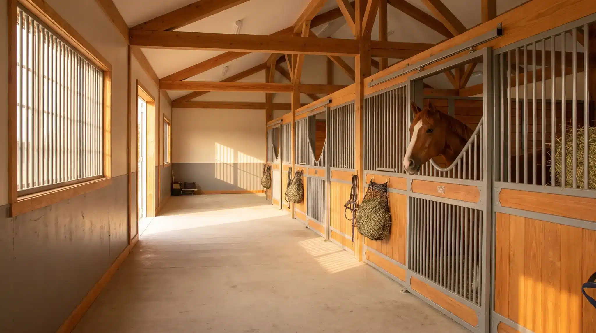 Horse in wooden stable stall under warm natural light with overhead beams