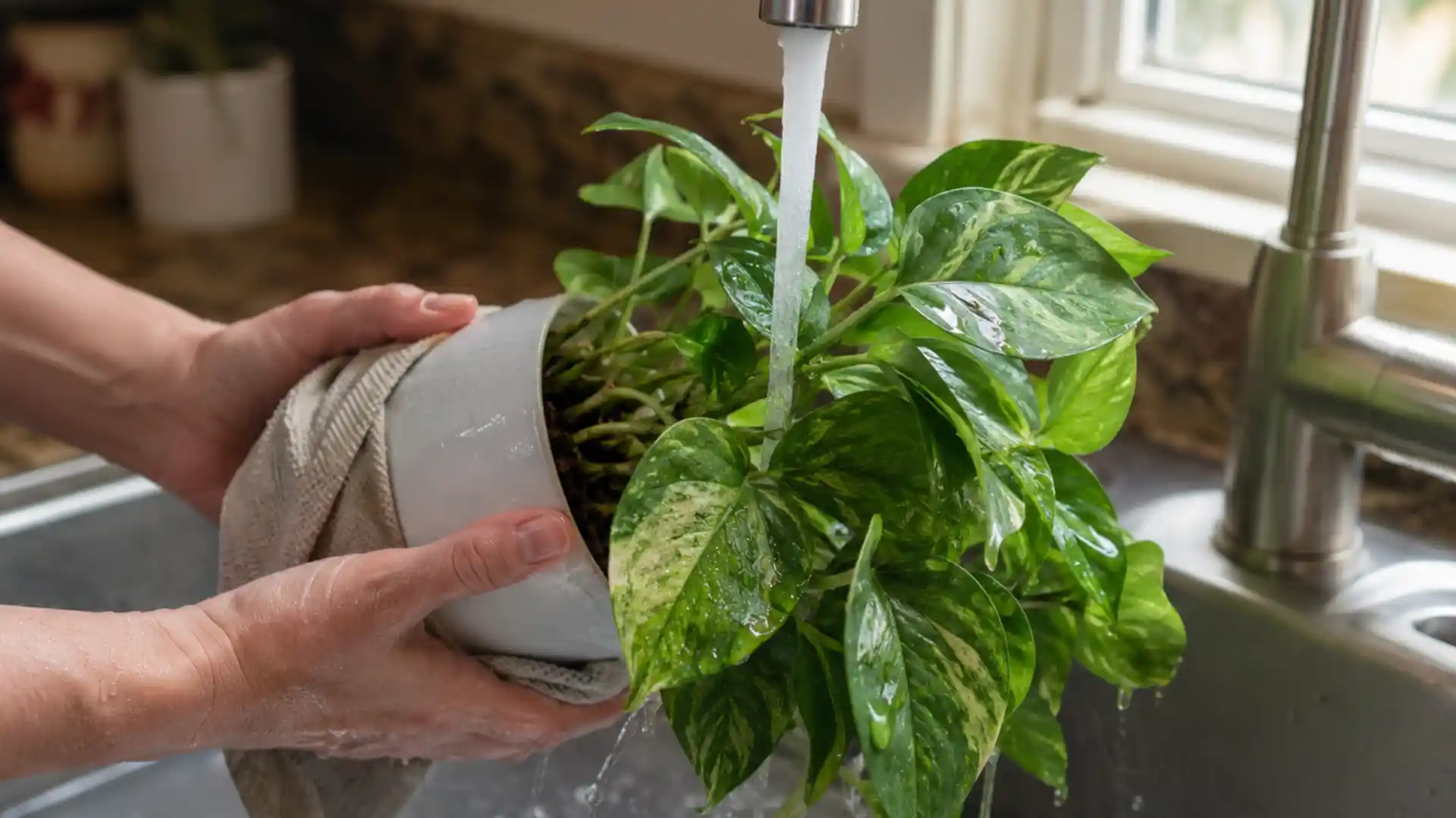 hands rinsing houseplant leaves under kitchen sink water to remove spider mites