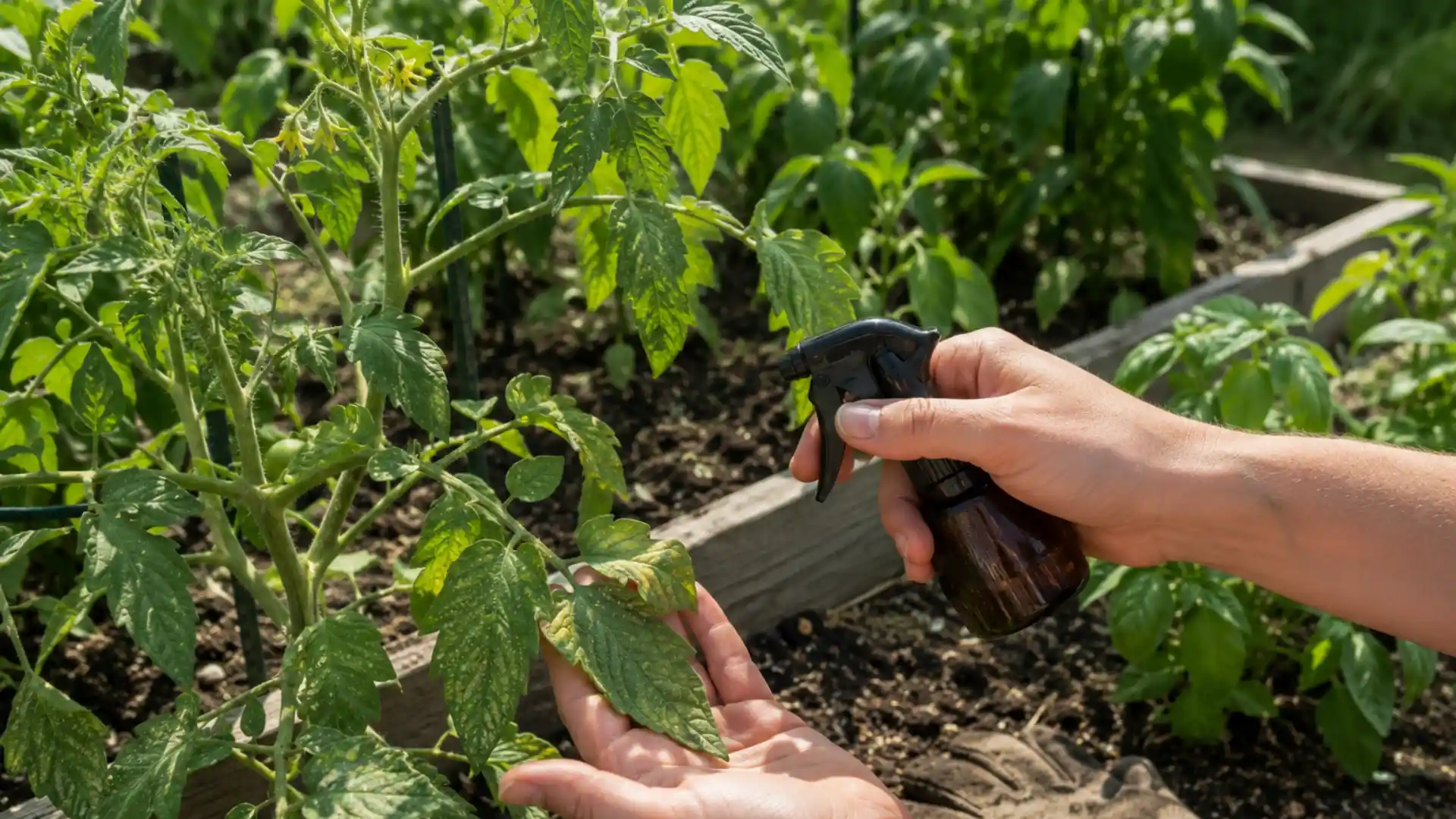 gardener inspecting tomato plant leaves outdoors to treat spider mites naturally