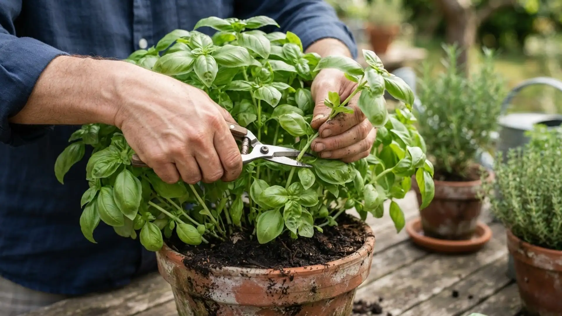 hands using pruning shears to harvest fresh basil stems from a healthy potted basil plant outdoors