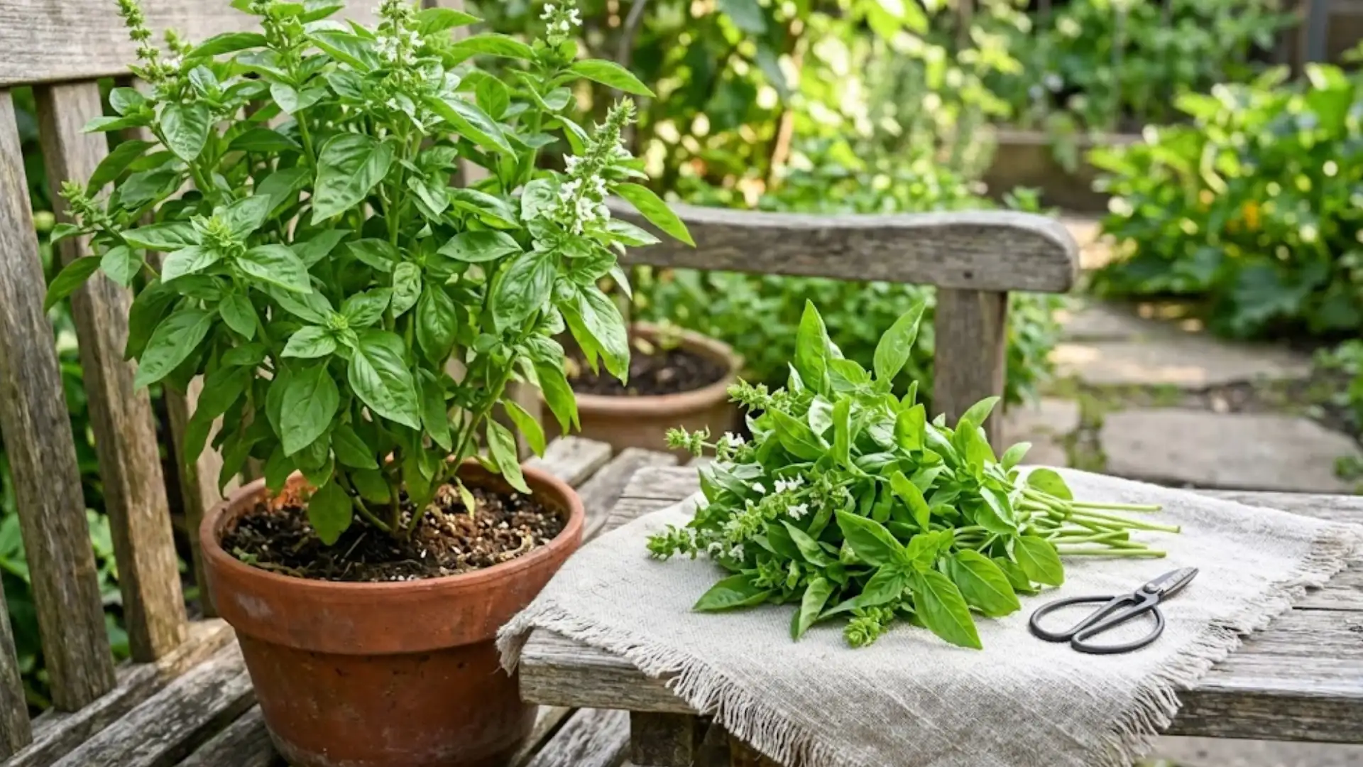 potted basil plant beside freshly cut basil stems and garden scissors on a rustic outdoor table