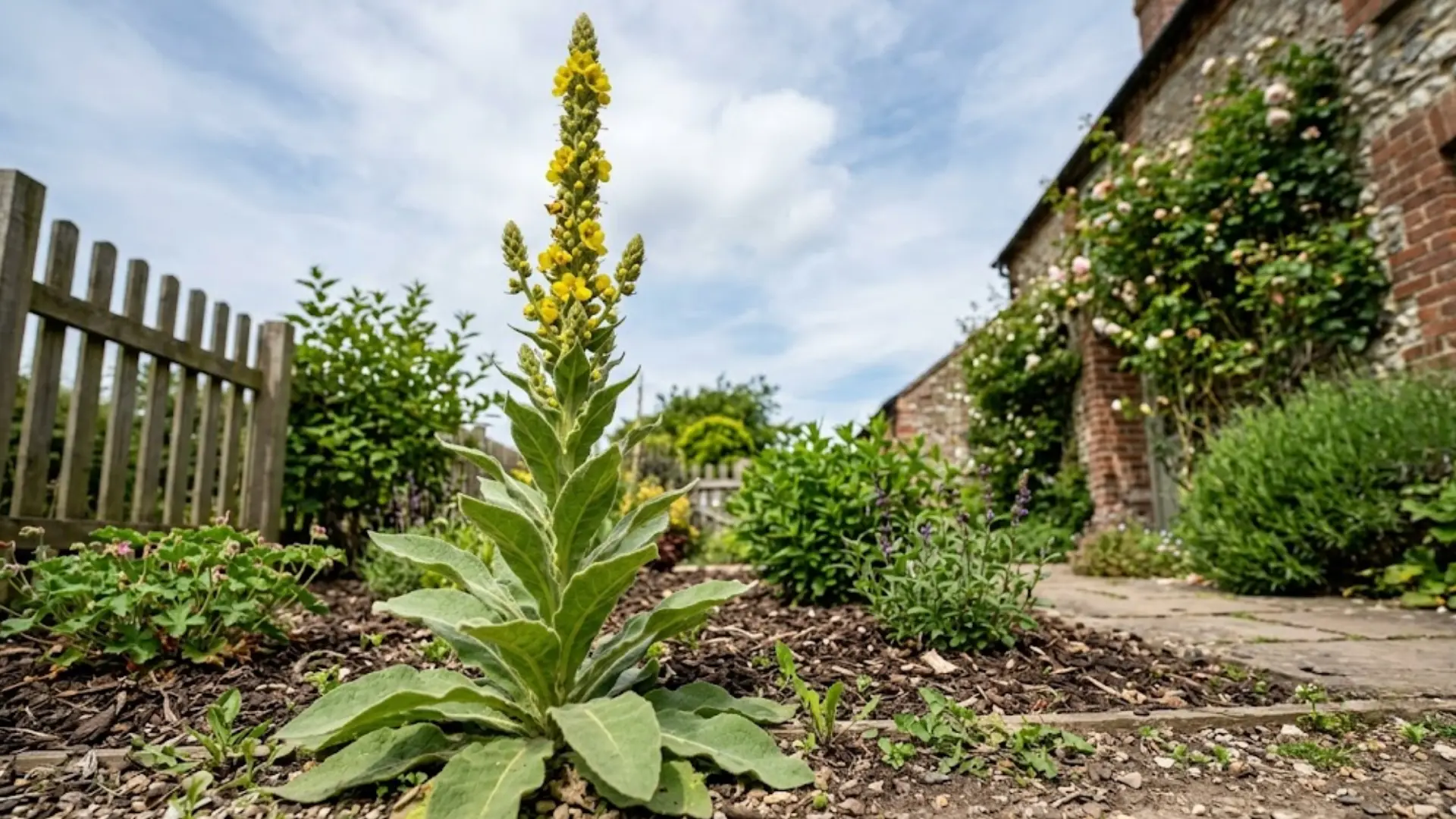 mullein plant with fuzzy green leaves and tall yellow flower spike growing in a garden bed