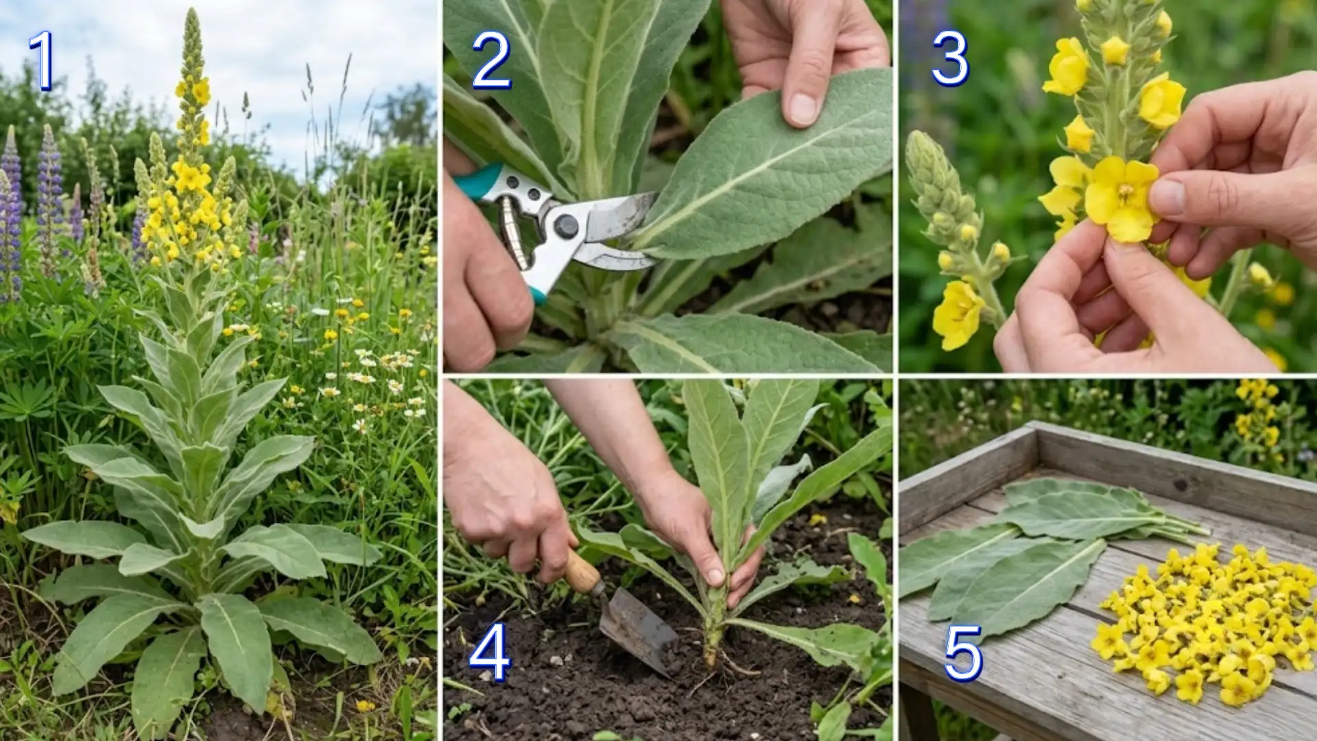 five step collage showing how to identify, cut, collect, dig, and harvest mullein plant parts