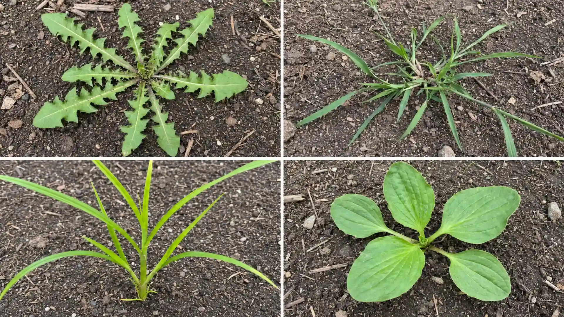 four garden weeds growing in soil: dandelion, crabgrass, nutsedge, and broadleaf plantain