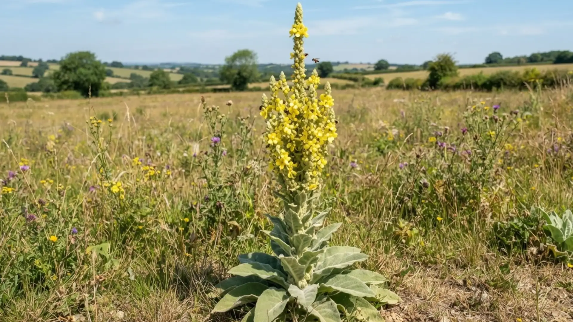 flowering mullein with yellow blooms and soft gray green leaves growing in a sunny wild meadow