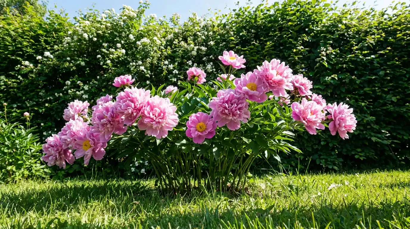 a lawn features a vibrant bush of pink peonies in full bloom, set against a backdrop of a dense, leafy hedge