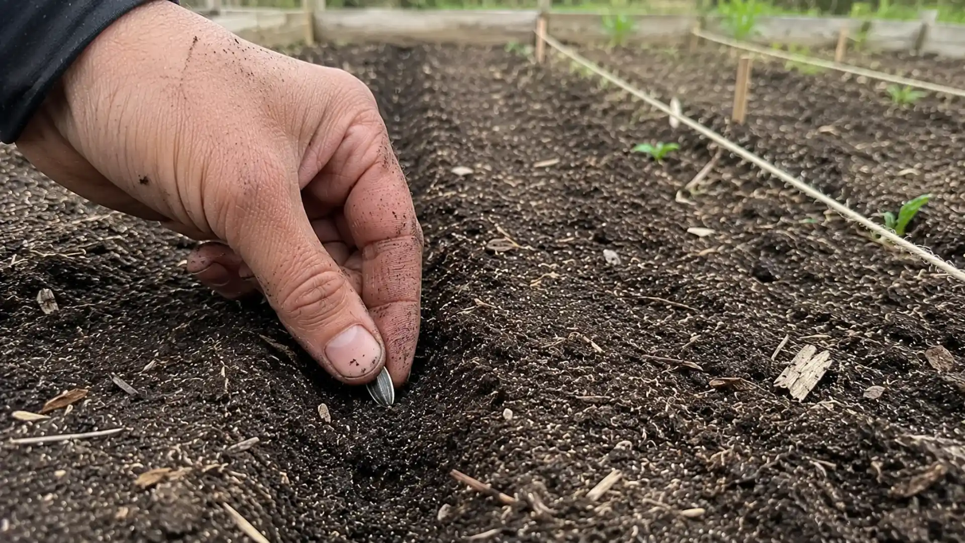hand pushing a sunflower seed into loose fresh garden soil at planting depth outdoors