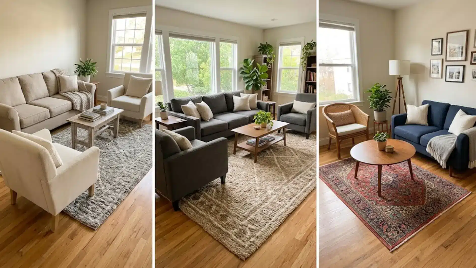 three living room layouts showing rugs positioned under sofa front legs and fully under seating groups