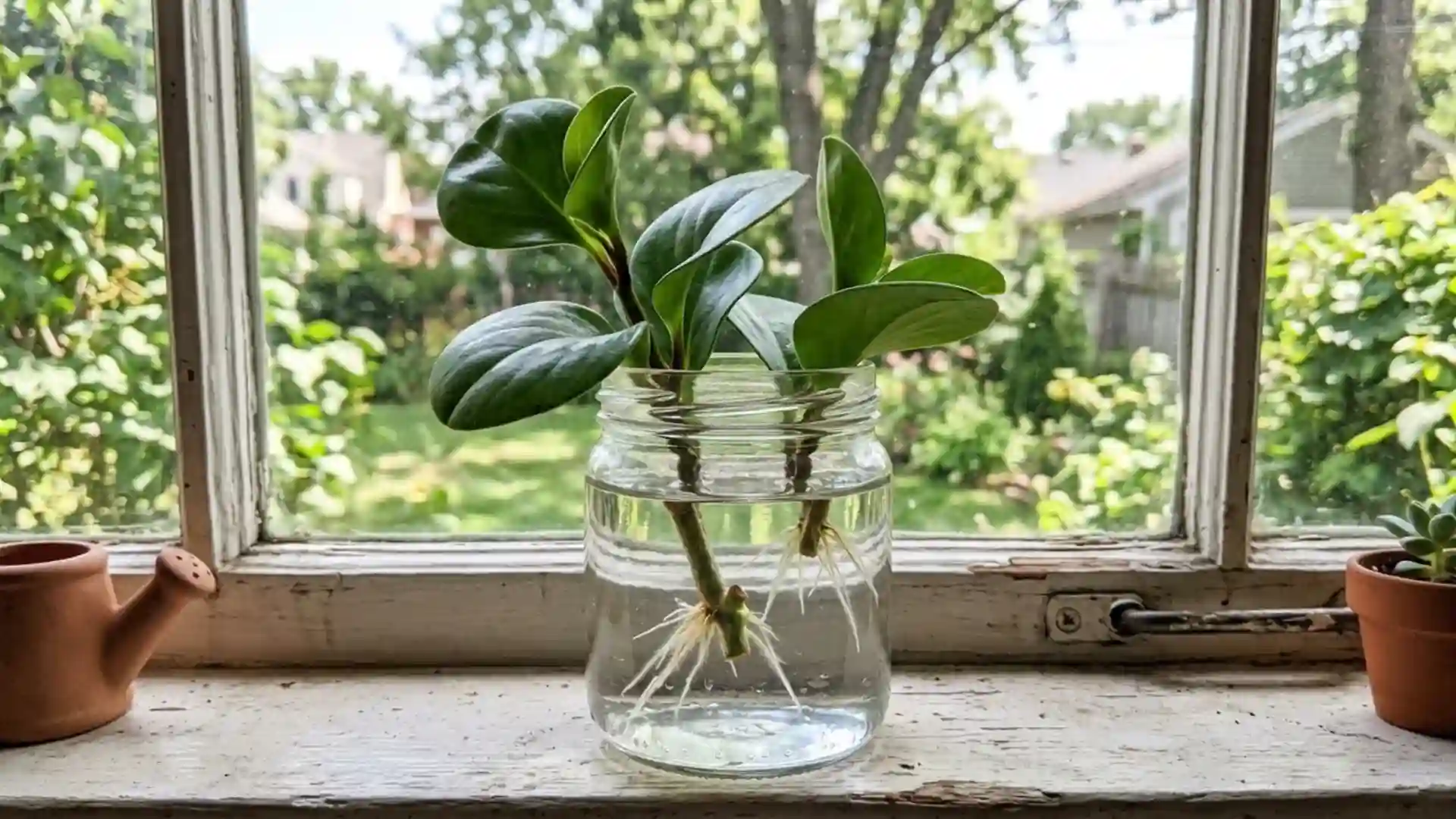 baby rubber plant cuttings rooting in water jar for propagation on windowsill