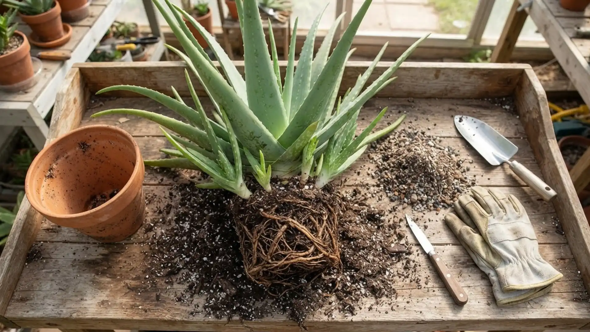aloe vera plant with exposed roots, potting mix, empty terracotta pot, gloves, and garden tools