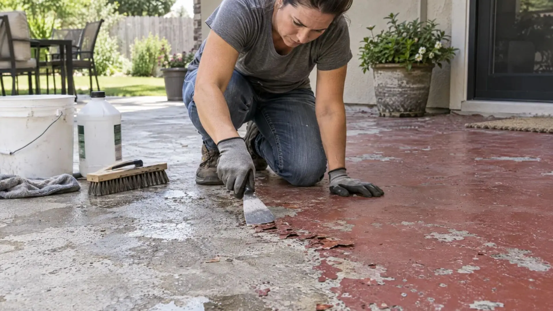 person removing old paint from an outdoor concrete surface using a scraper and cleaning tools