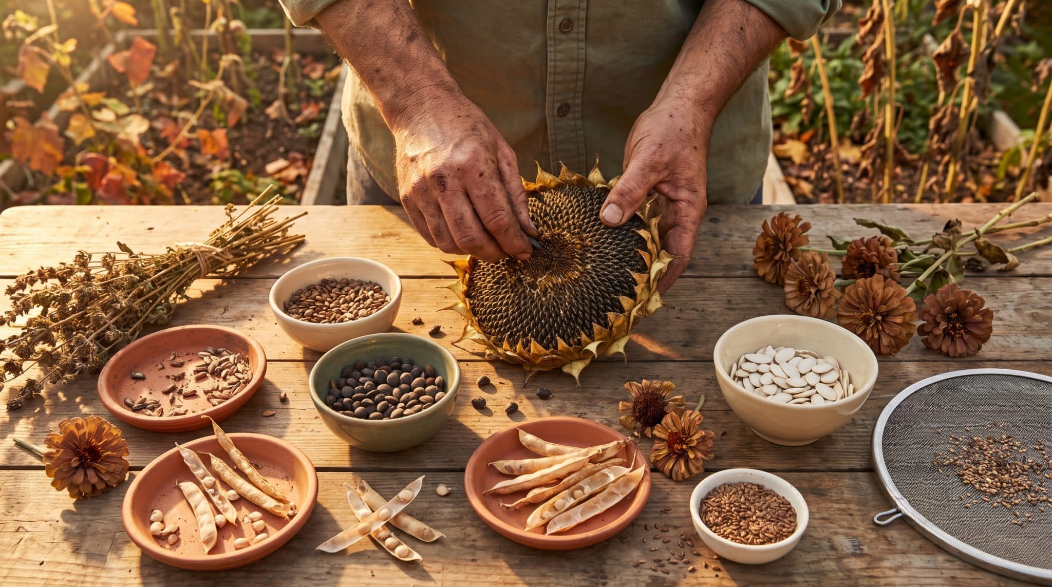 Hands harvesting sunflower seeds on wooden table with various seed bowls and dried flowers