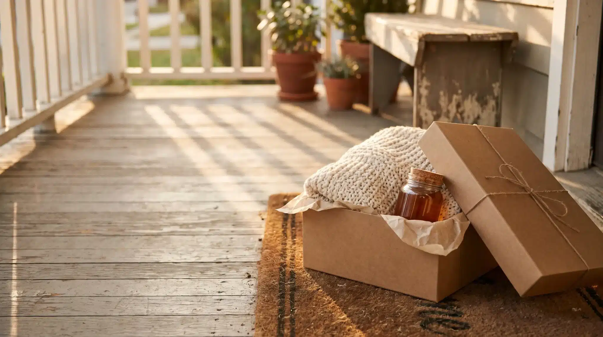 Gift box with knitted blanket and jar on porch in warm morning light