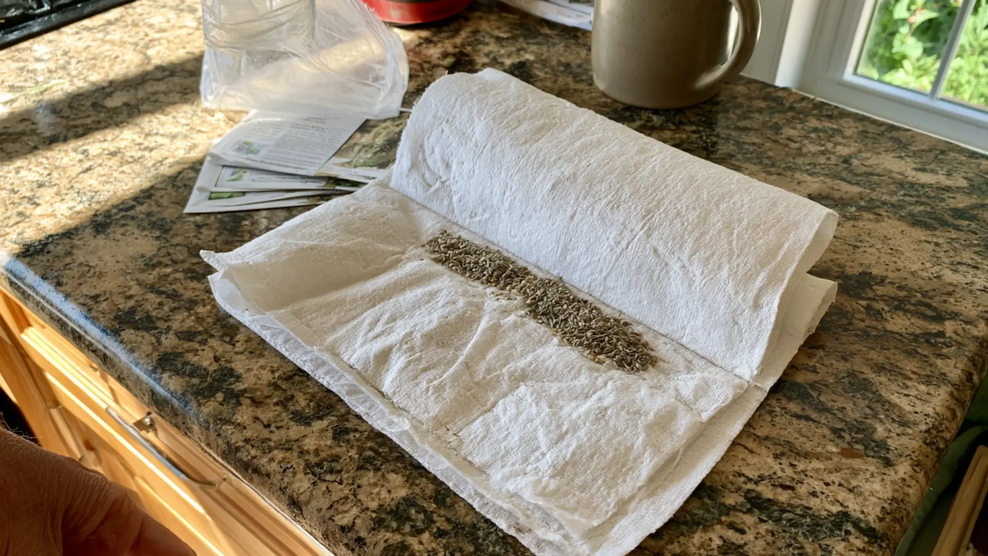 seeds placed on a damp paper towel on a counter beside a plastic bag and seed packets nearby